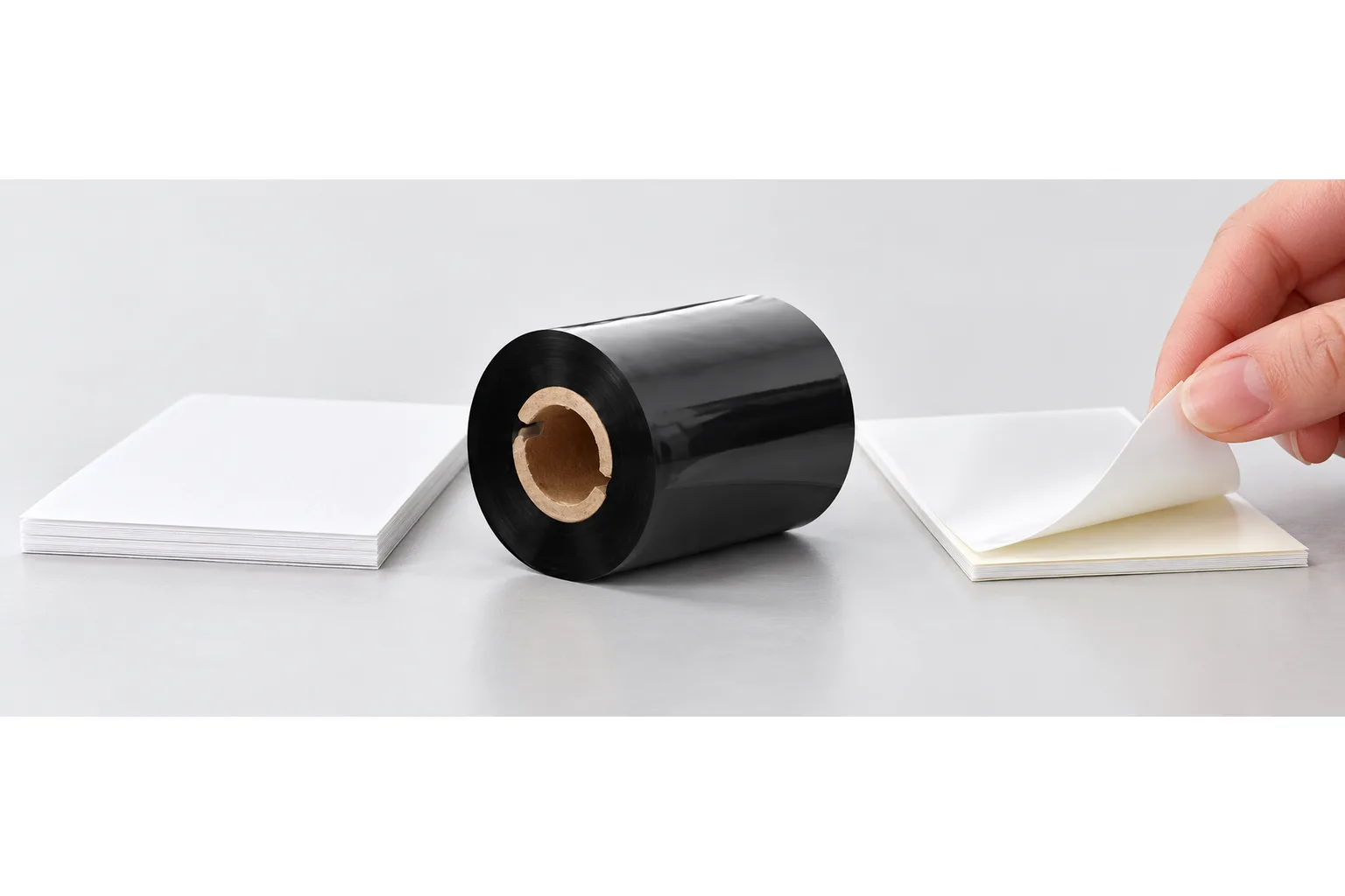 Black ribbon roll beside blank paper and synthetic label samples, with a hand lifting a sample corner.