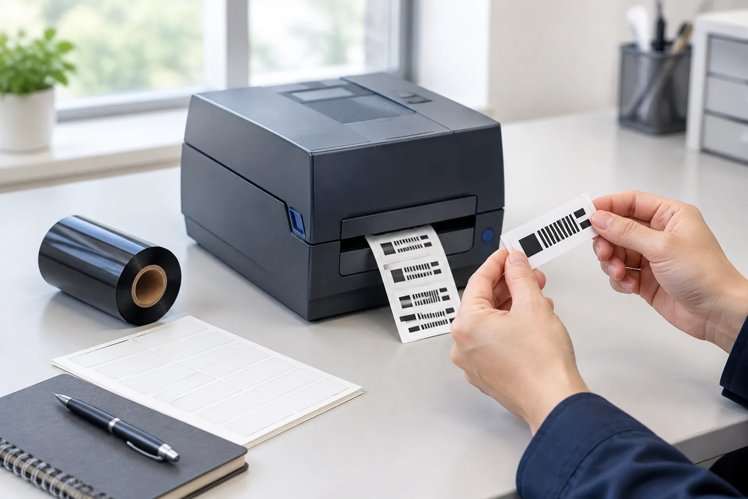 A technician’s hands inspecting a freshly printed label at a print bench, with a desktop thermal transfer printer and a loose black ribbon roll nearby.