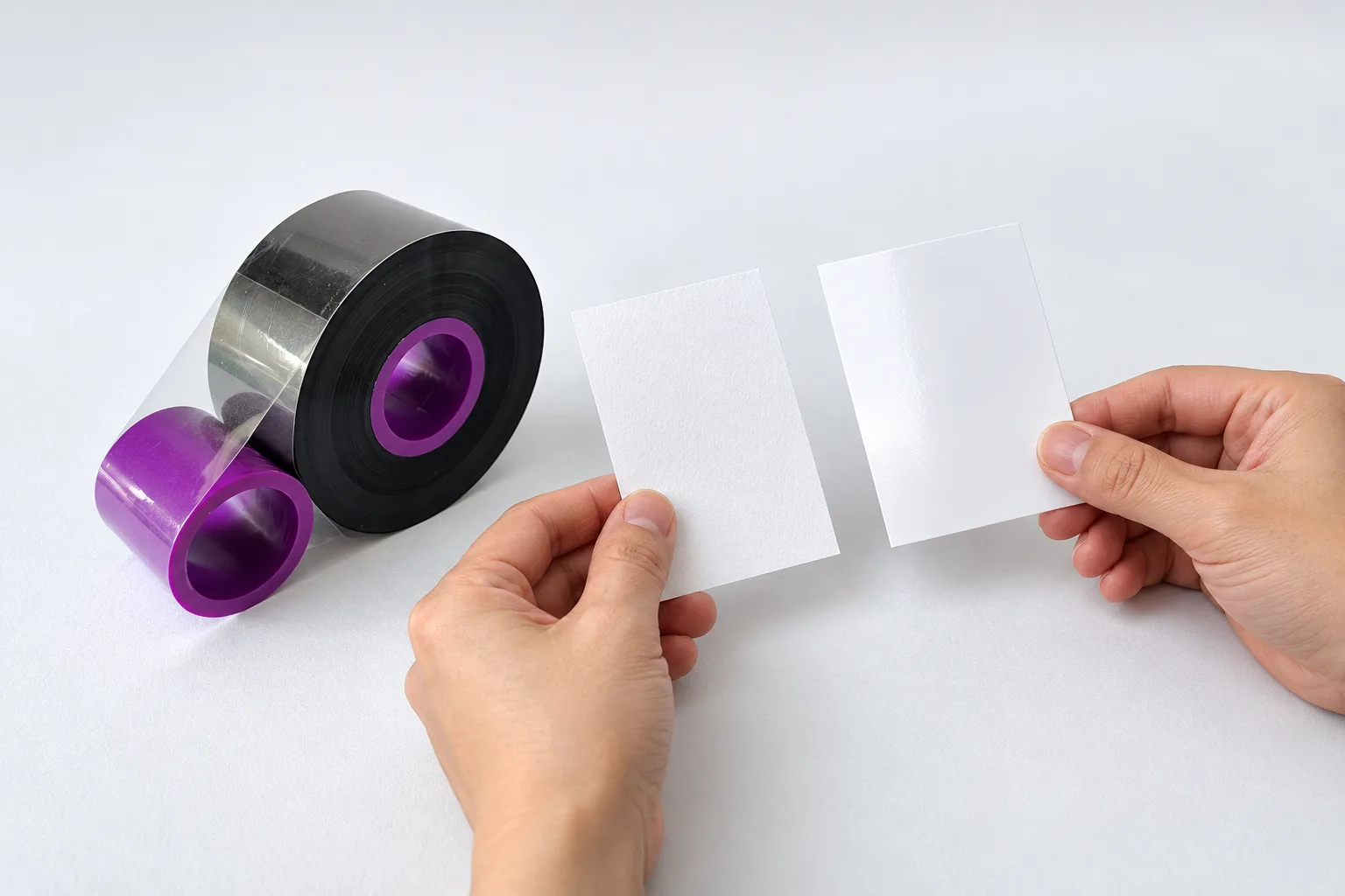 Hands comparing matte and coated paper label samples beside a black TTO ribbon roll.