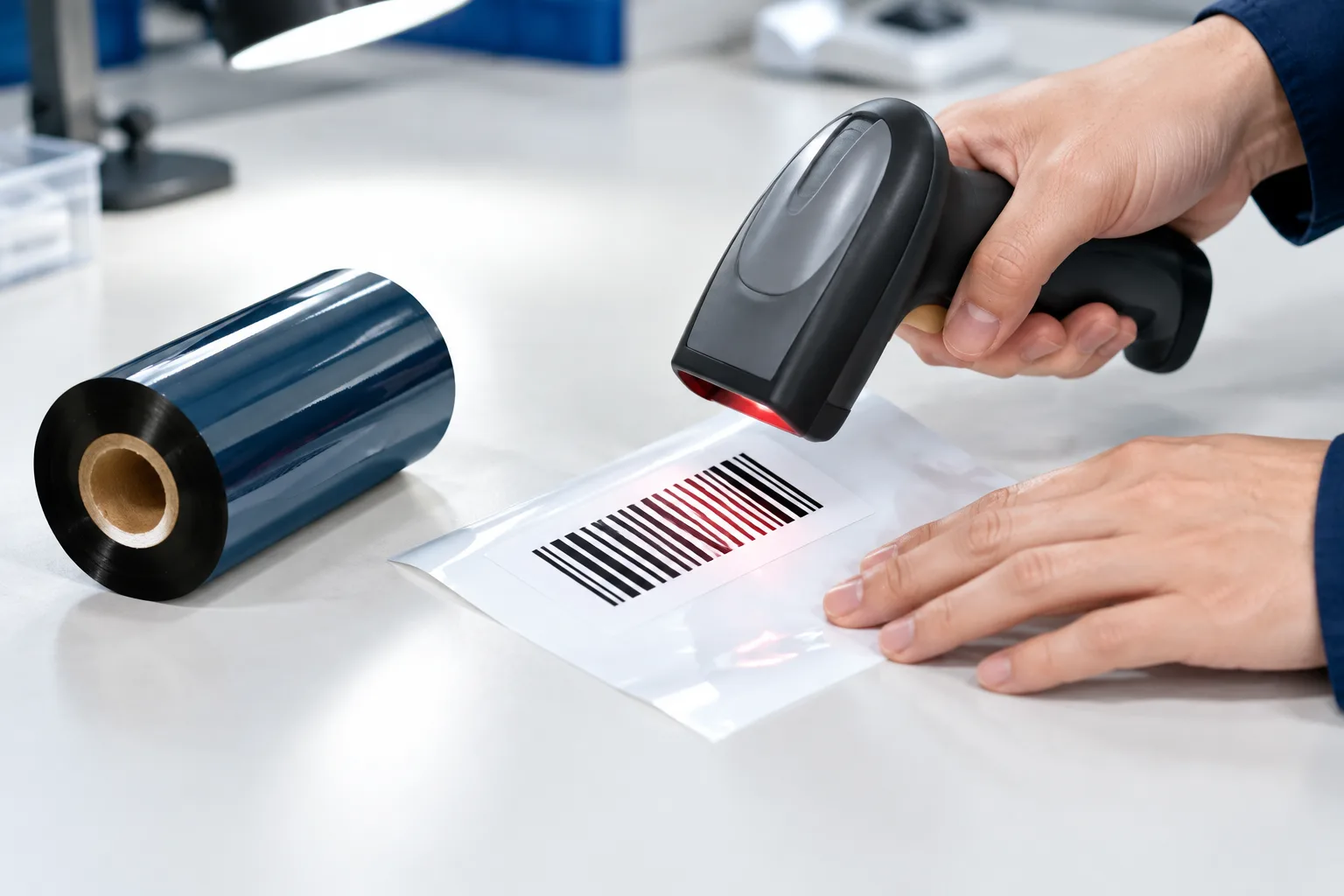 Close-up of a hand scanning a freshly printed barcode sample label next to a black thermal transfer ribbon roll.