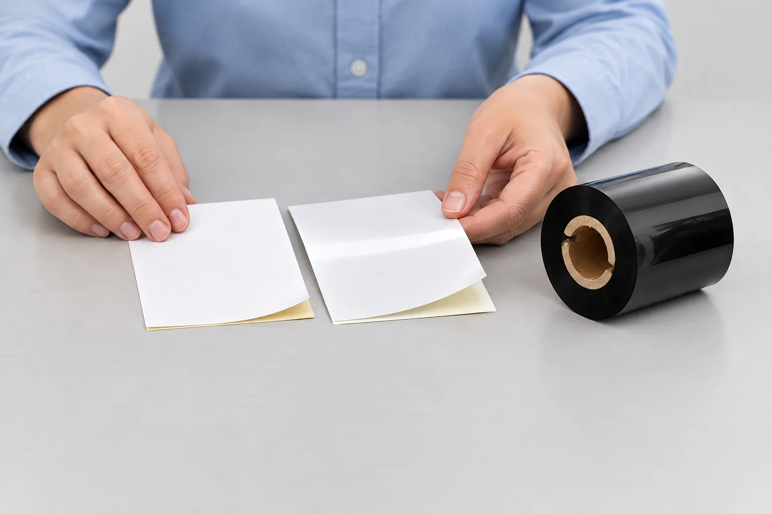 Hands compare paper and synthetic label samples beside a black thermal transfer ribbon roll.
