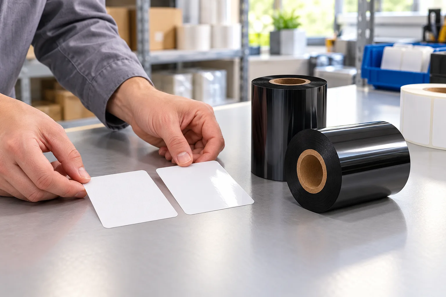 Hands comparing paper and synthetic label samples beside two black thermal transfer ribbon rolls on a workbench