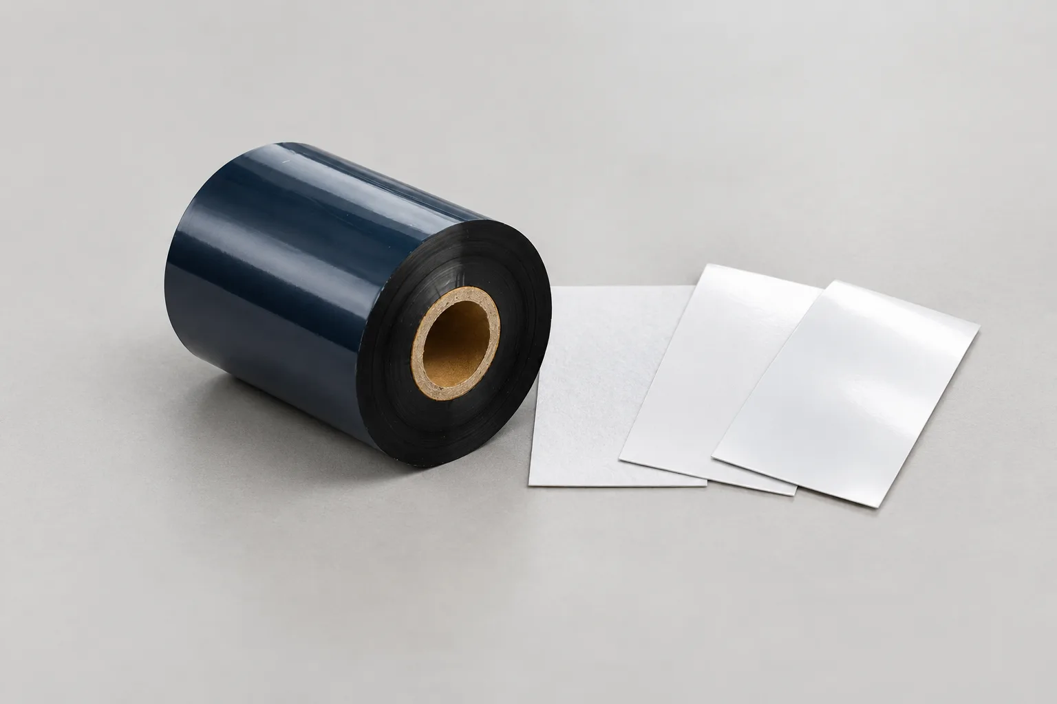 Close-up of a black ribbon roll beside matte paper, coated paper and synthetic film label samples.