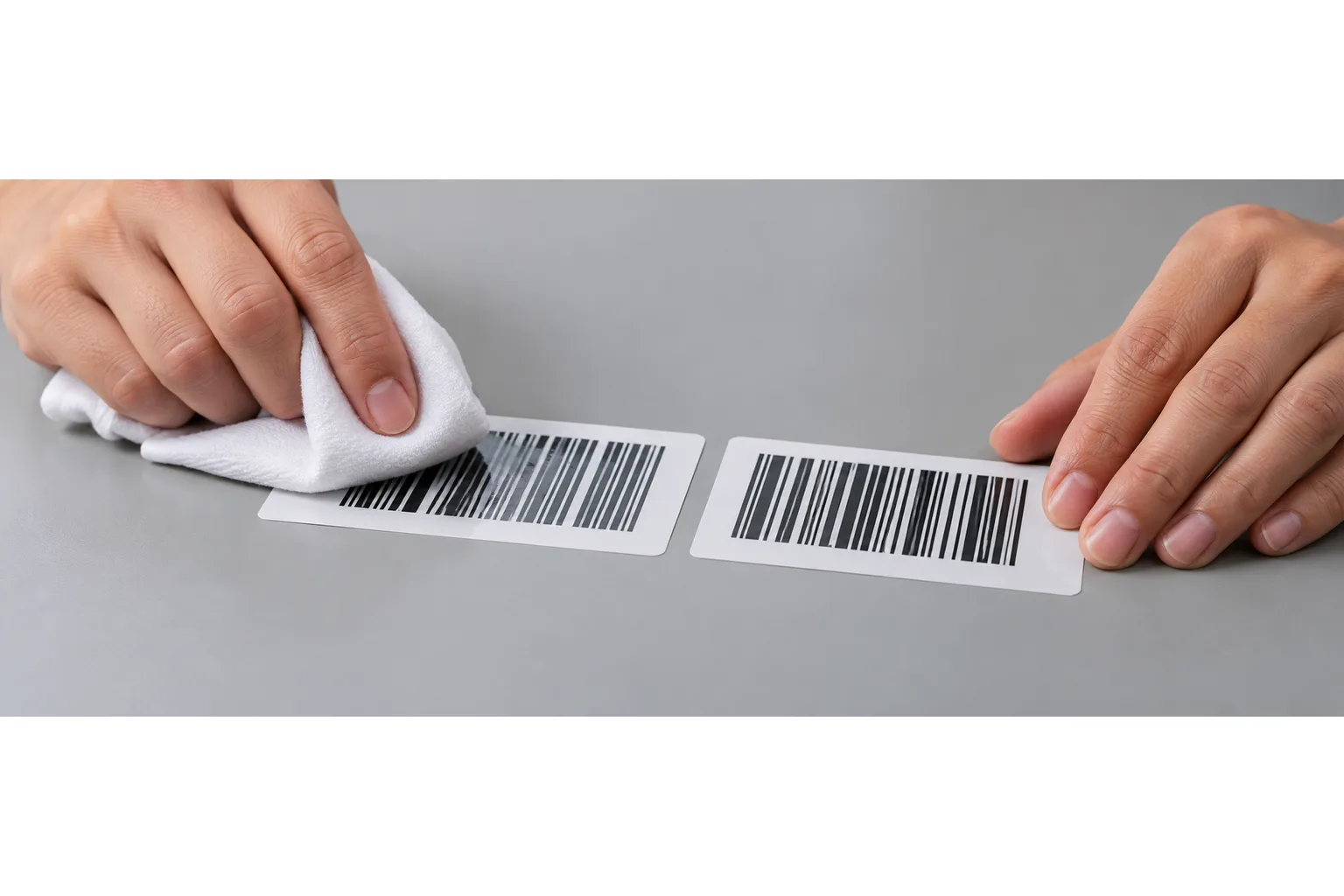 Hands wiping a printed label sample with a white cloth on a quality-check workbench.