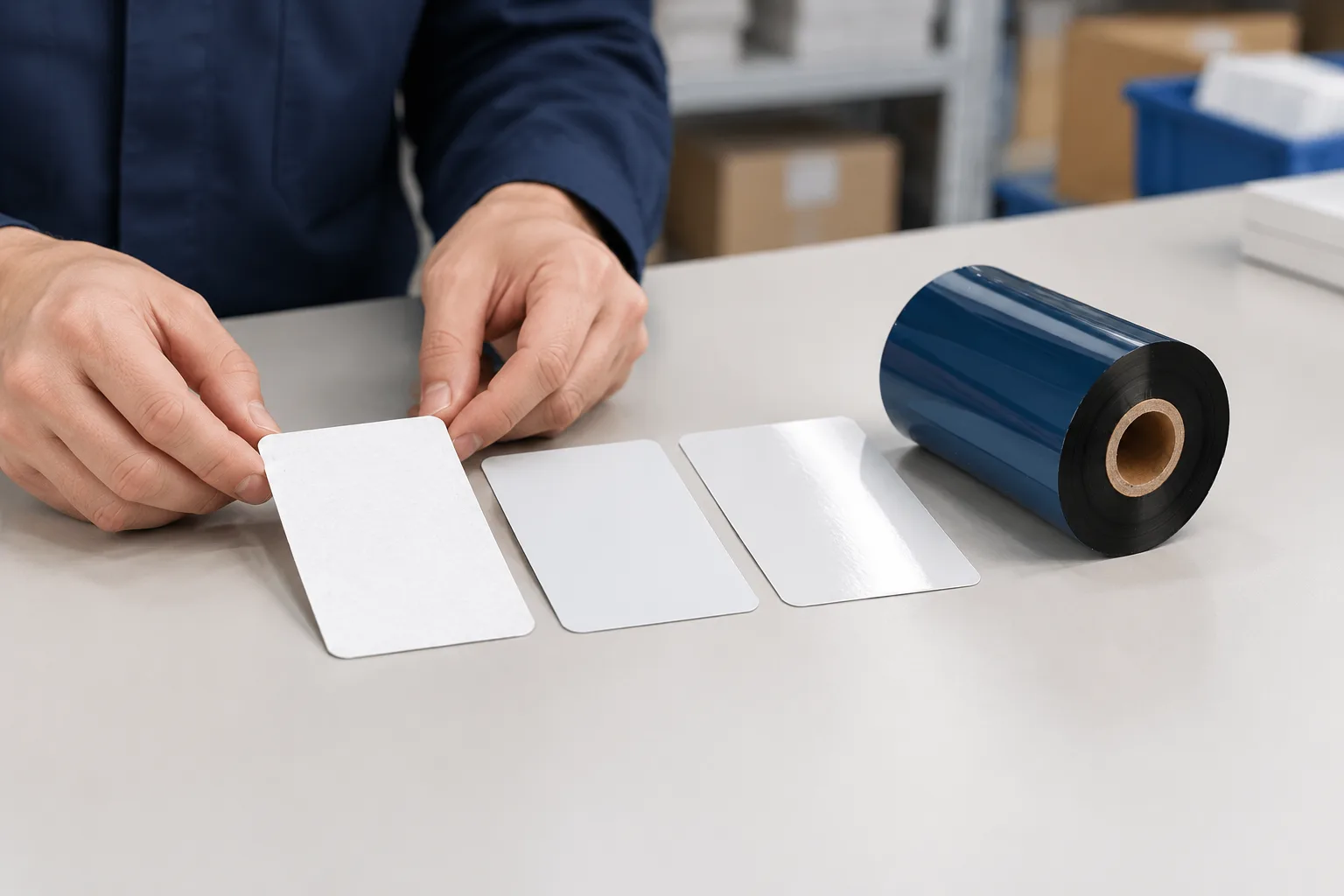 Hands comparing paper, matte and glossy label swatches beside a black thermal transfer ribbon roll.