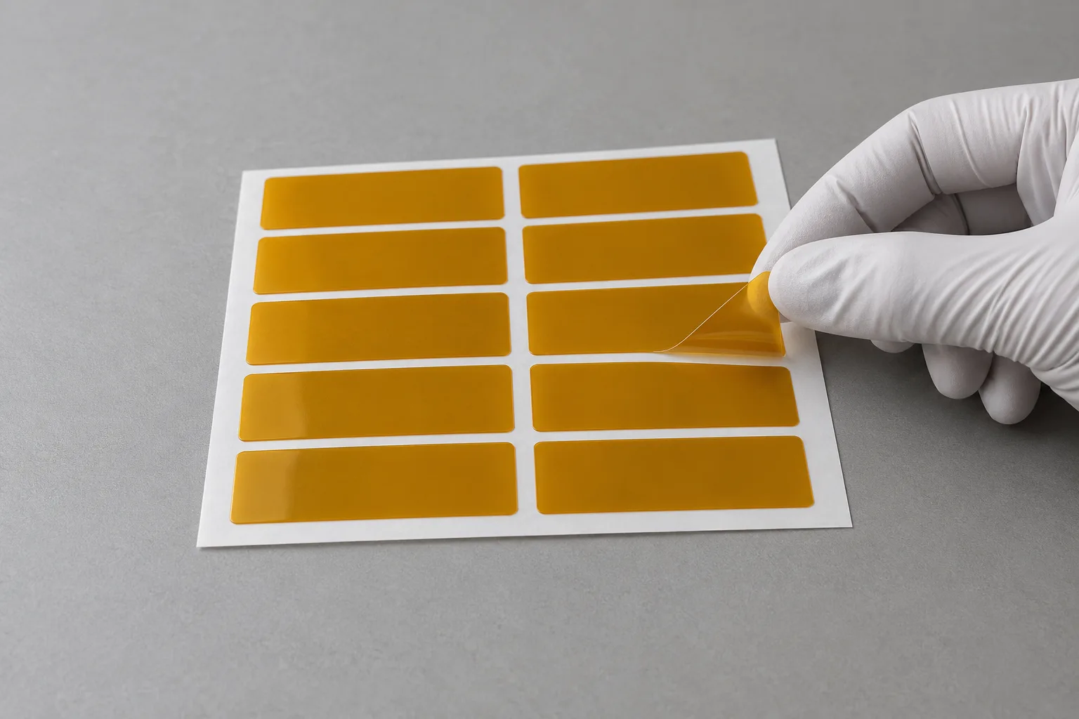 A gloved hand lifts a blank label corner from its liner, revealing the thin film and underside.