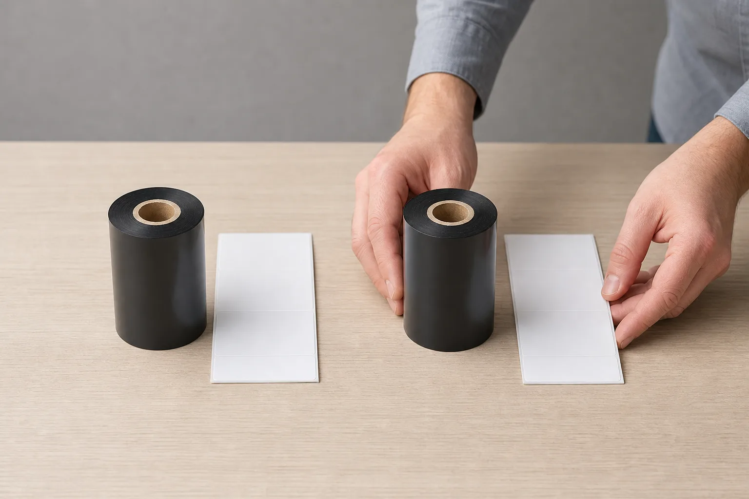 Hands arranging two black ribbon rolls and their separate blank label samples into side-by-side comparison groups.