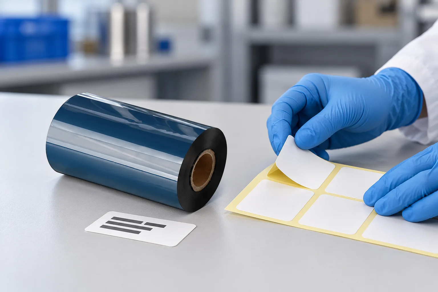 Gloved hands compare a candidate label sheet with a black thermal transfer ribbon roll.