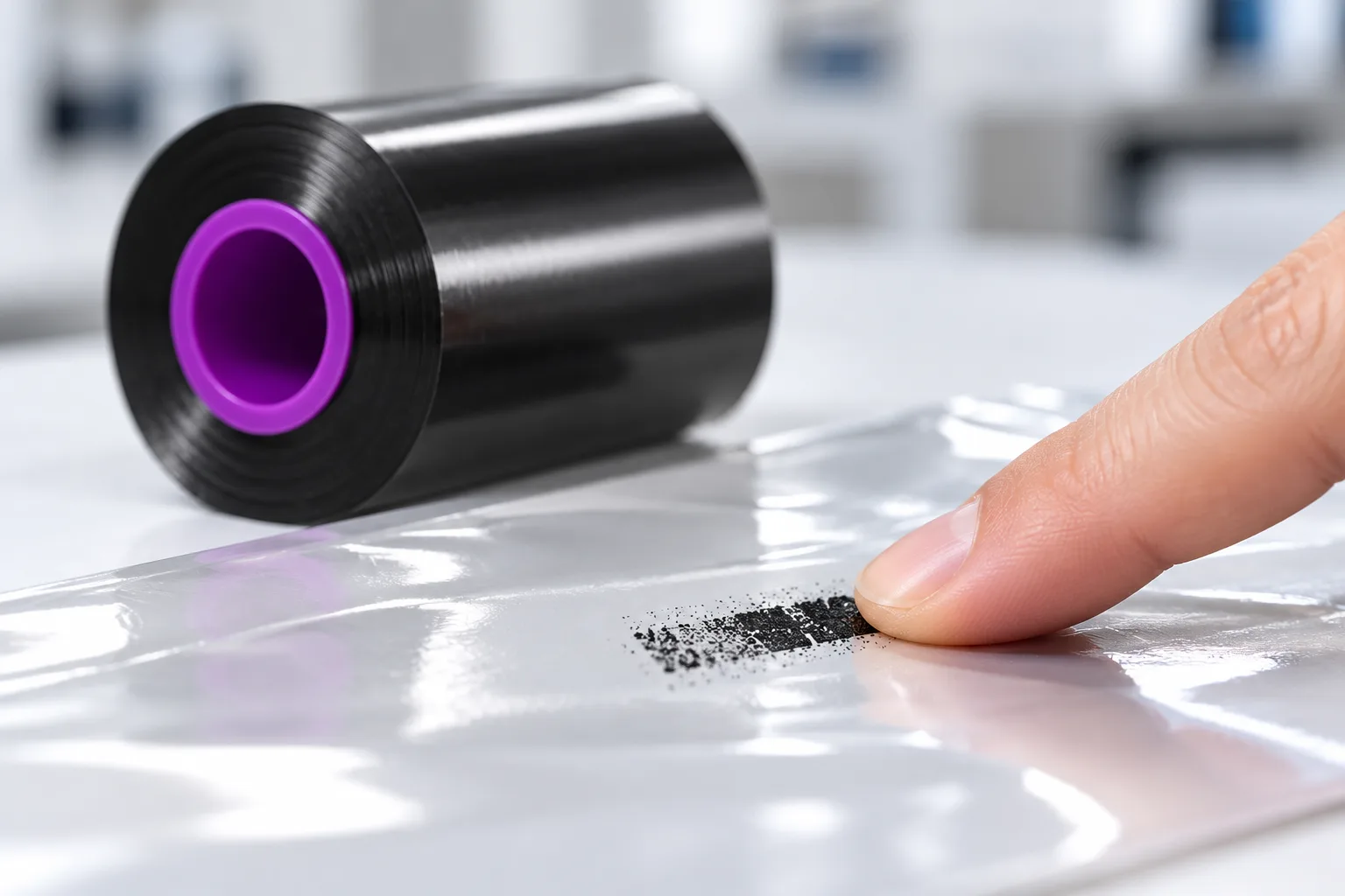 Close-up of a fingertip checking a small black printed code mark on glossy packaging film, with a black thermal transfer ribbon roll softly out of focus behind it