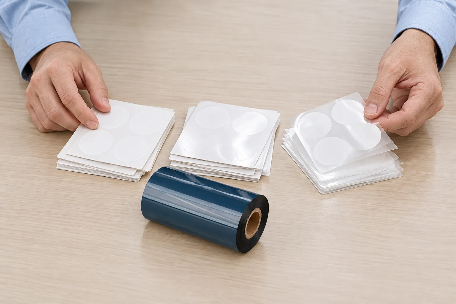 Hands compare paper and synthetic label samples beside a black thermal transfer ribbon roll.
