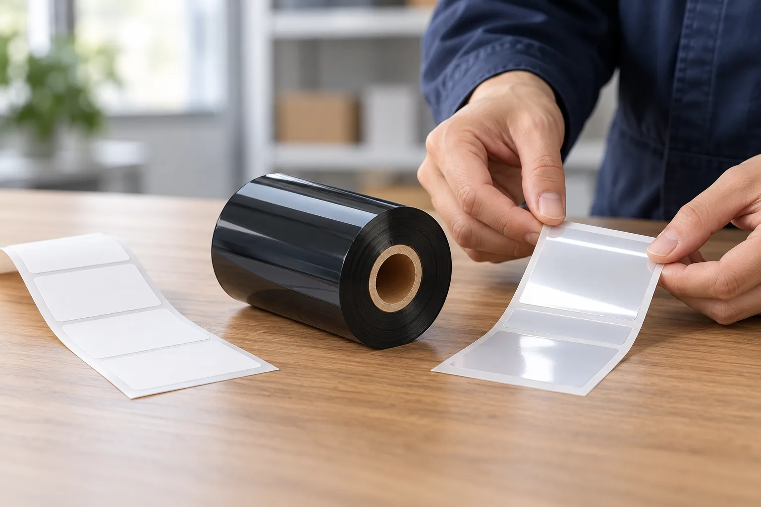 Hands compare paper and synthetic label samples beside a black thermal transfer ribbon roll.
