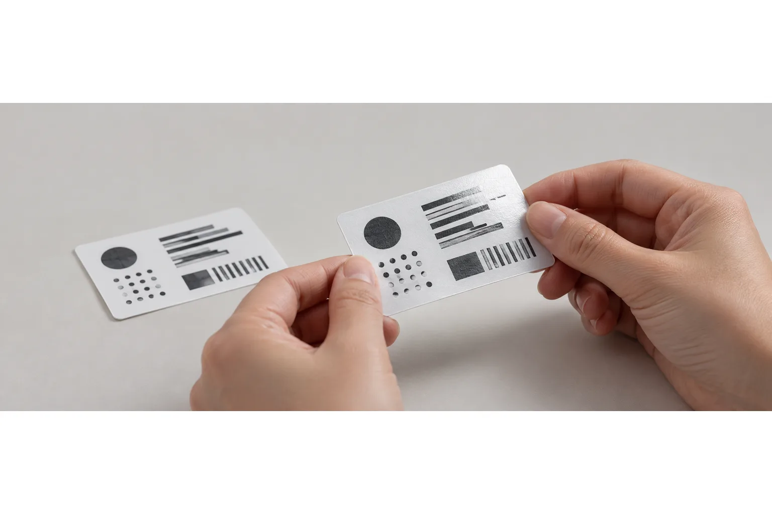 Hands tilting a printed retail label under light for surface inspection beside another sample.