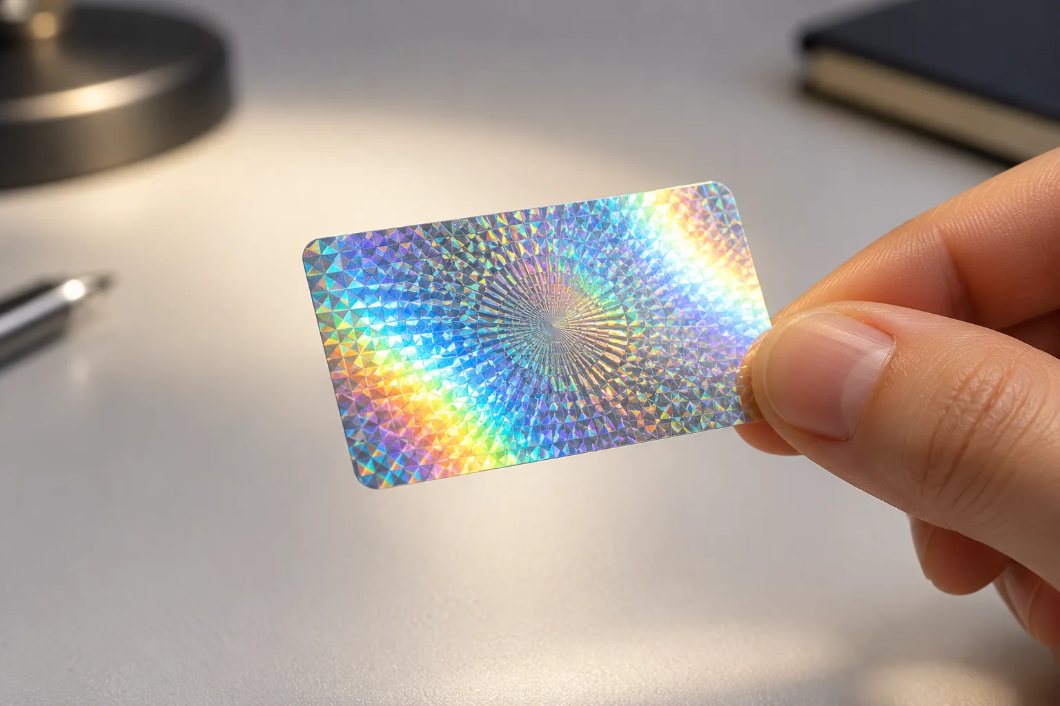 Close-up of a hand tilting a hologram security label under a desk lamp to reveal its optical pattern