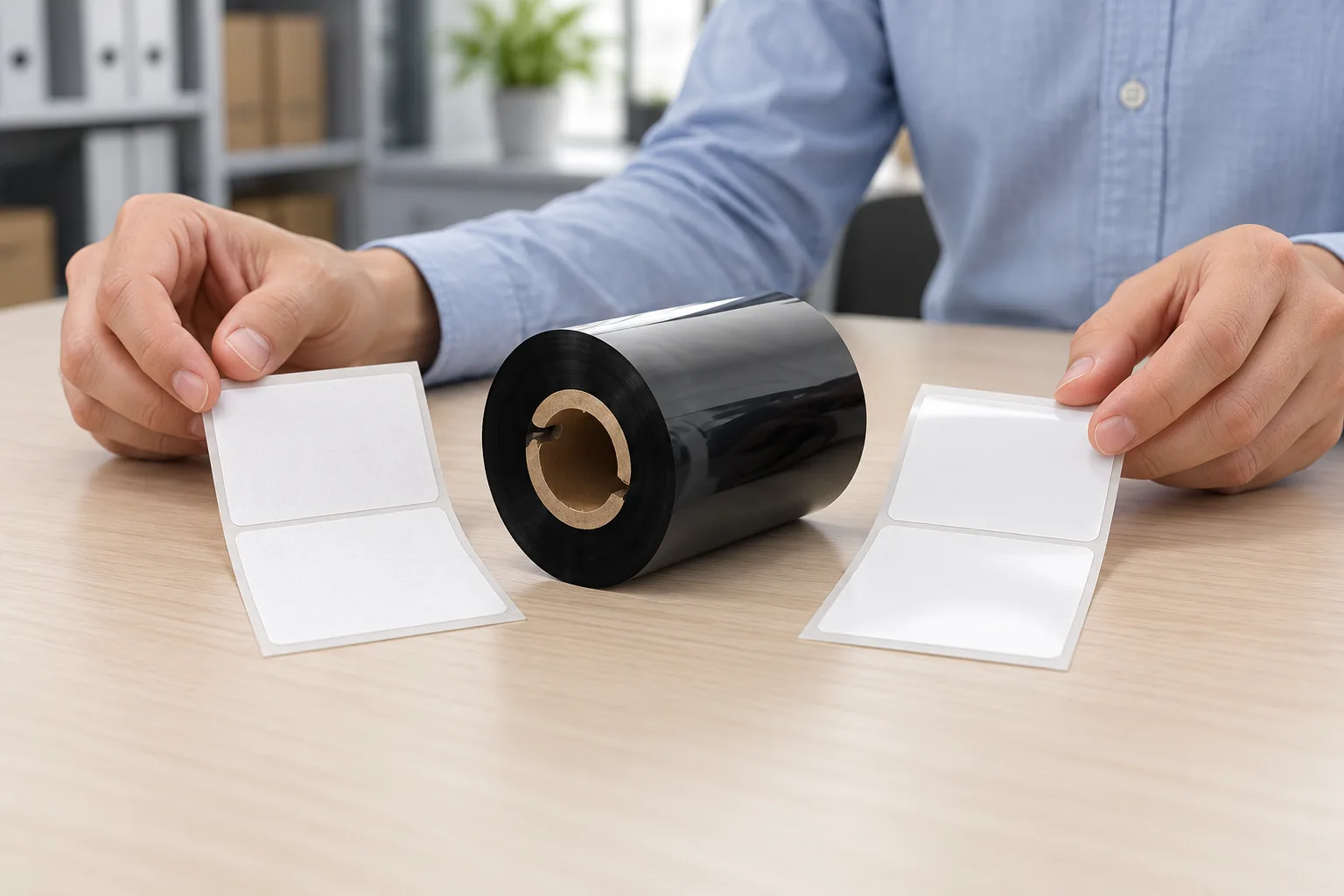 Hands comparing paper and synthetic label samples beside a black thermal transfer ribbon roll.