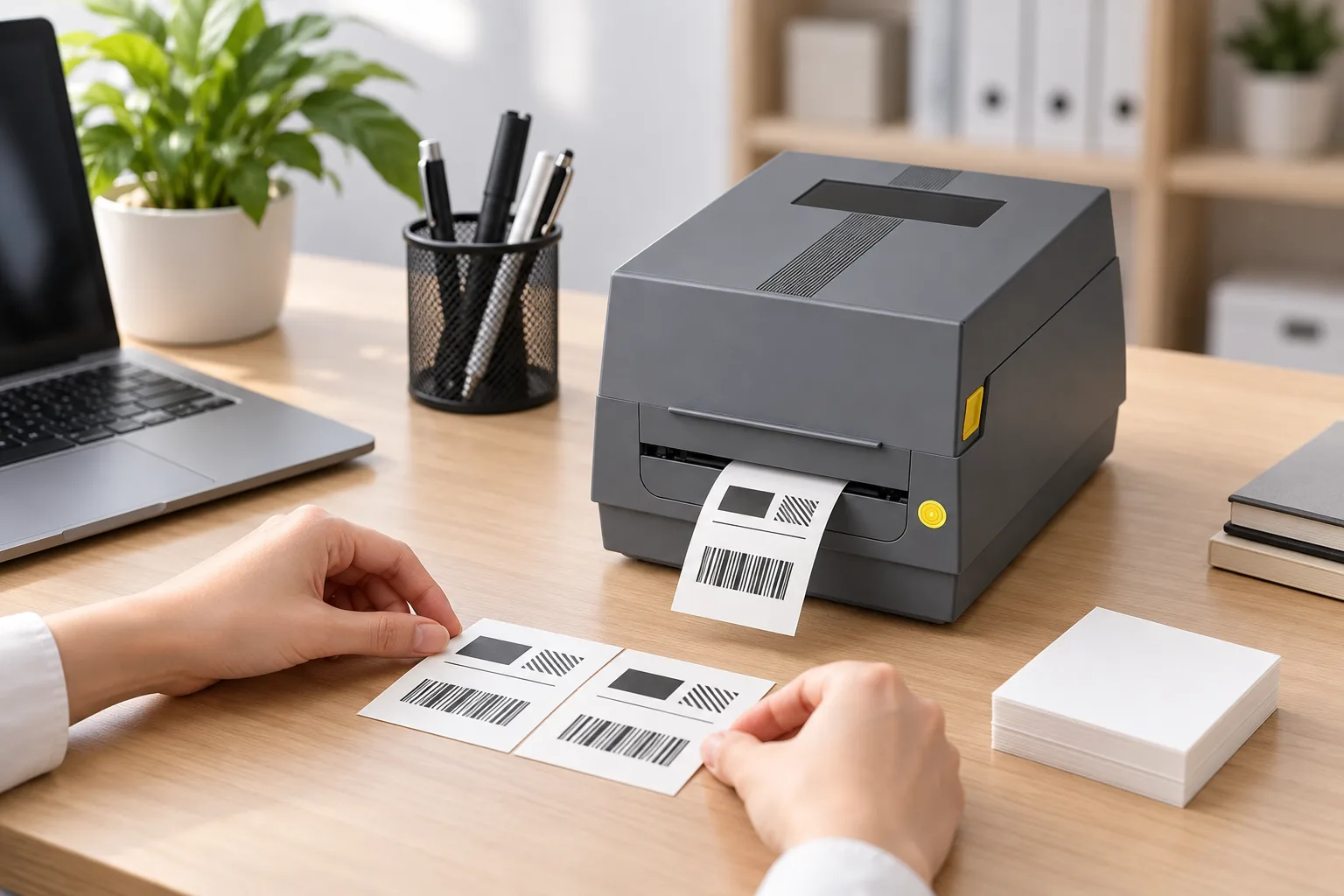 Desktop thermal transfer printer at a workstation with two printed label samples laid side by side for comparison.