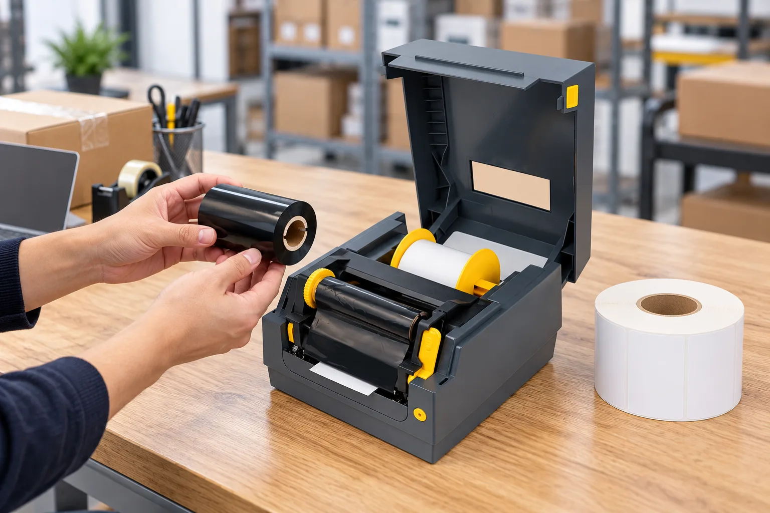 Hands holding a loose thermal transfer ribbon roll beside an open JT452 desktop label printer with visible ribbon and label roll holders.