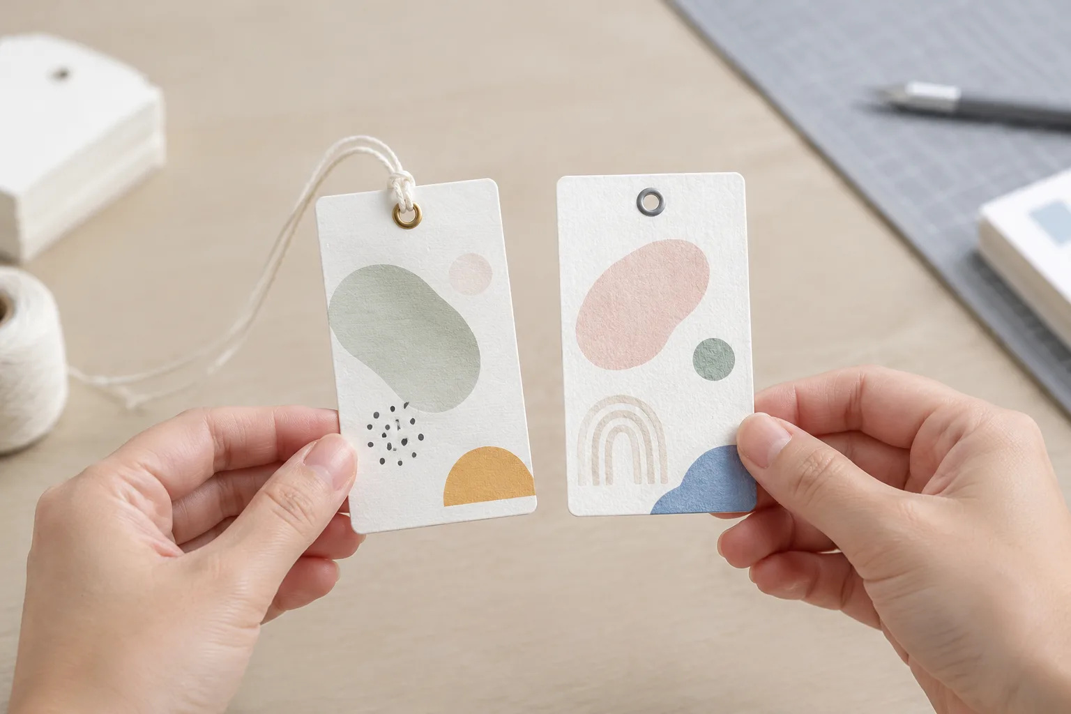 Close-up of two hands holding two printed hang tag samples side by side to compare their surfaces.
