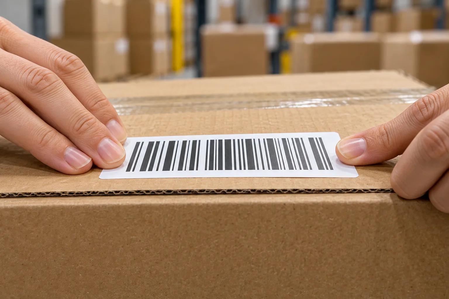Close-up of fingertips smoothing a printed barcode label onto the kraft flap of a corrugated shipping carton