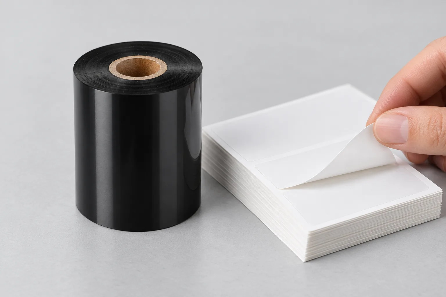 Close-up of a loose black thermal transfer ribbon roll on its core beside a stack of white coated label sheets being separated by hand.