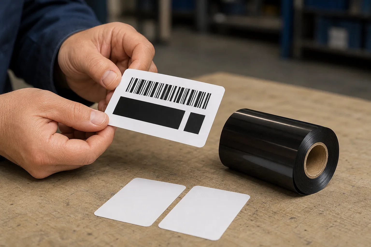Close-up of hands examining a printed test label with a barcode pattern, next to a black thermal transfer ribbon roll on its core and blank label samples on the workbench.