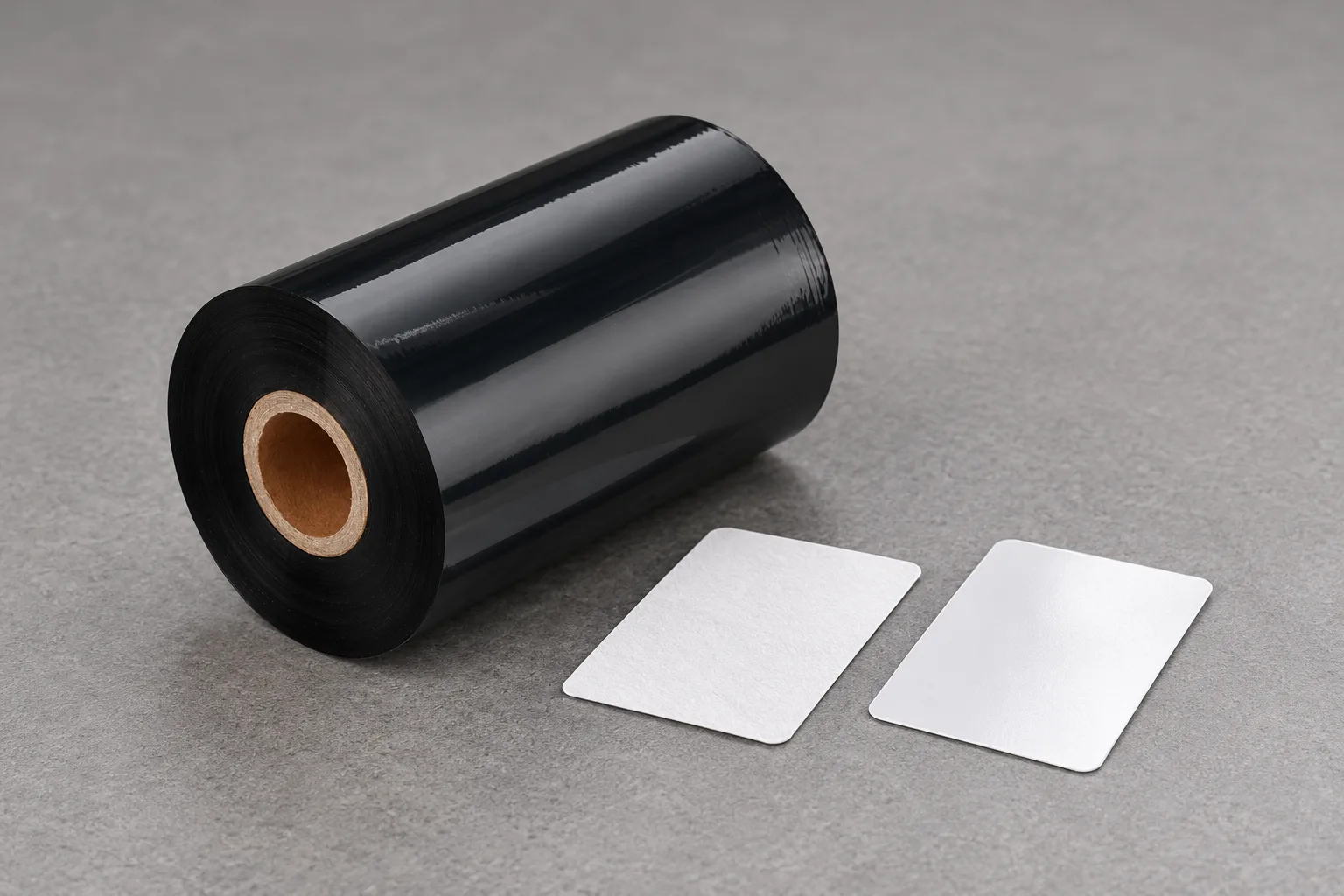 Close-up of a black thermal transfer ribbon roll beside a paper label sample and a synthetic label sample on a workbench.
