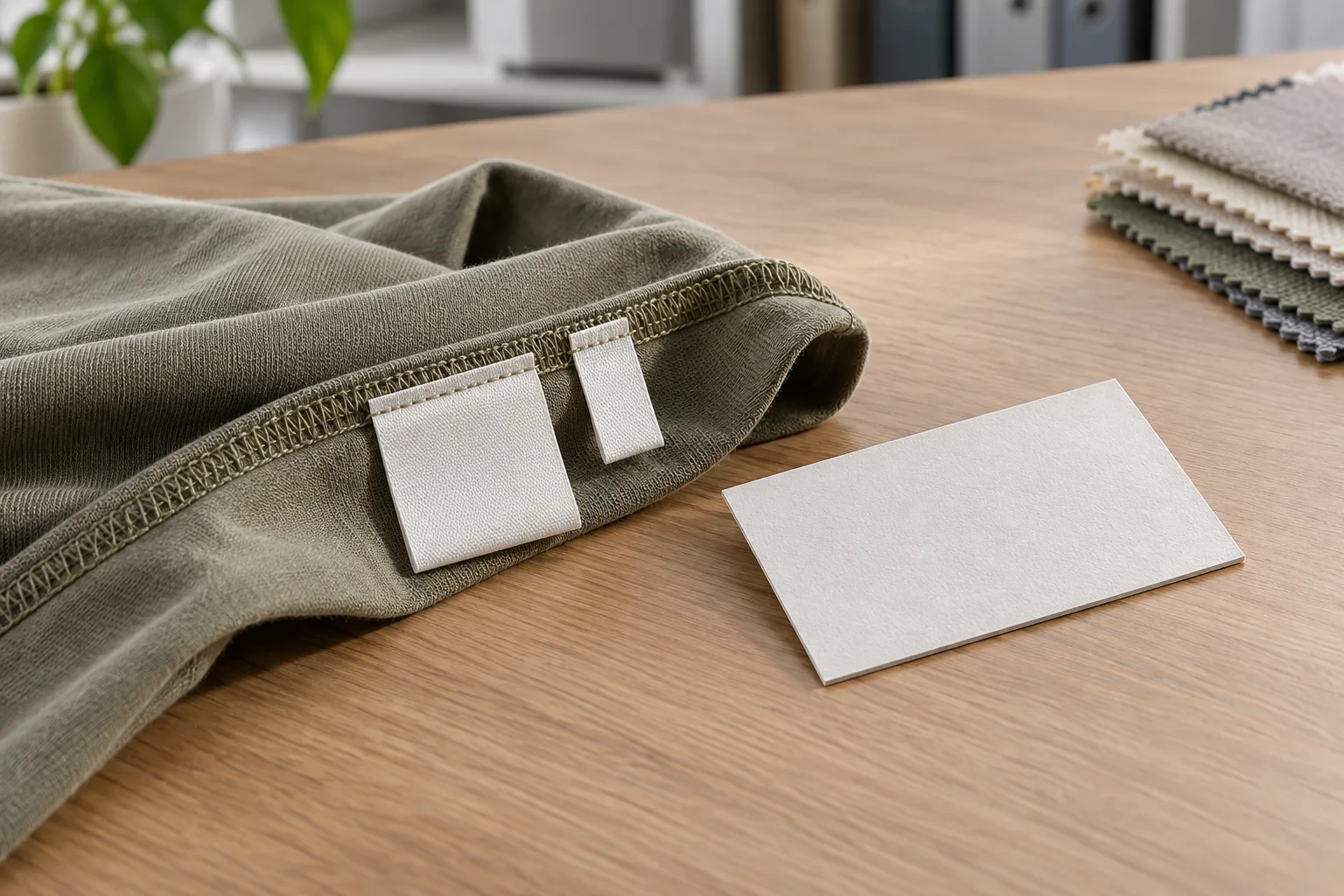 A blank cardstock hangtag beside a garment seam containing two small woven labels.