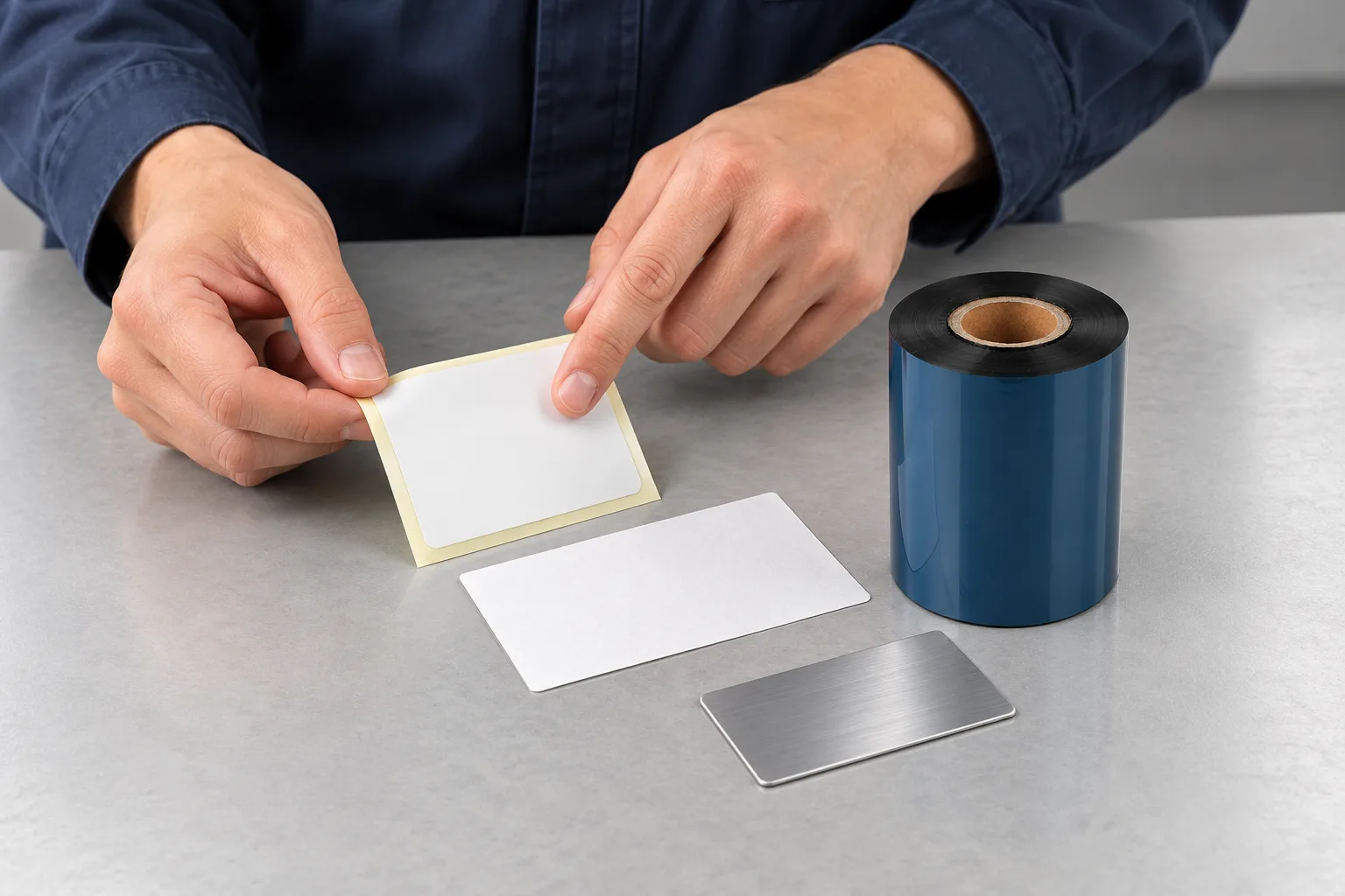 Hands compare synthetic and paper label samples beside a black ribbon roll and an aluminum coupon.