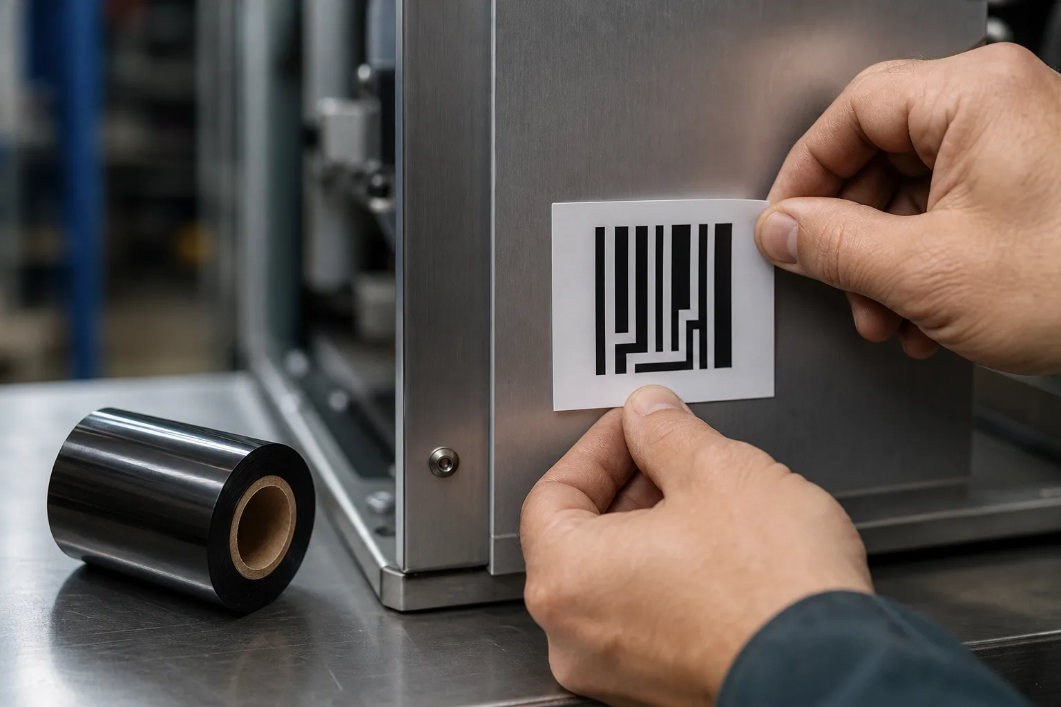Close-up of hands checking a freshly printed label sample on a metal equipment panel, with a black thermal transfer ribbon roll on the bench