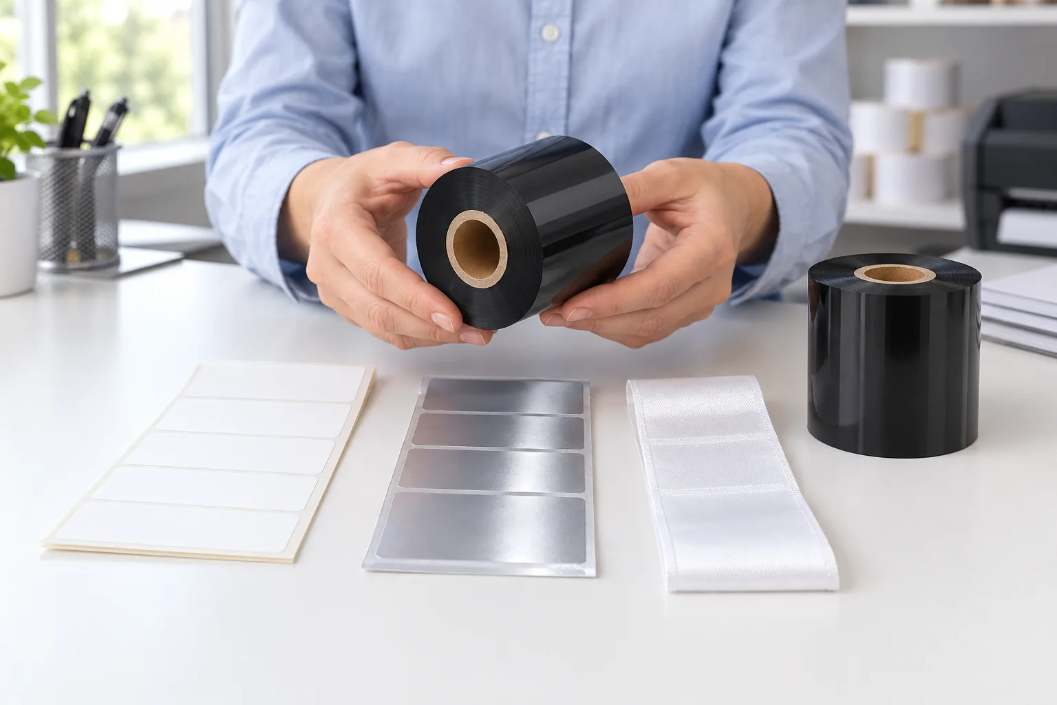 Hands hold a black thermal transfer ribbon roll above coated paper, silver PET and satin label samples to compare materials on a workbench