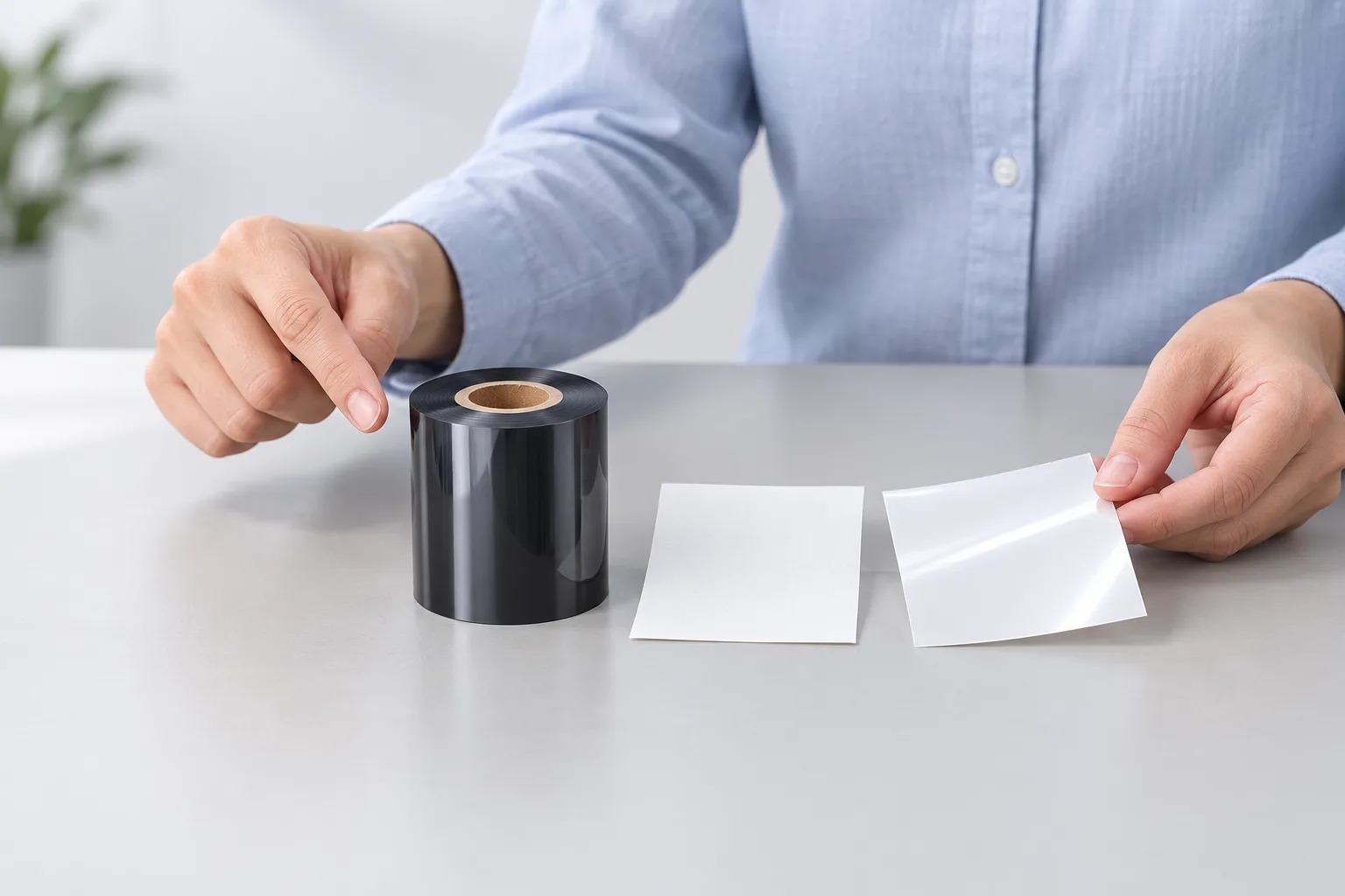 Hands holding a black thermal transfer ribbon roll above paper and synthetic label facestock samples arranged on a workbench.