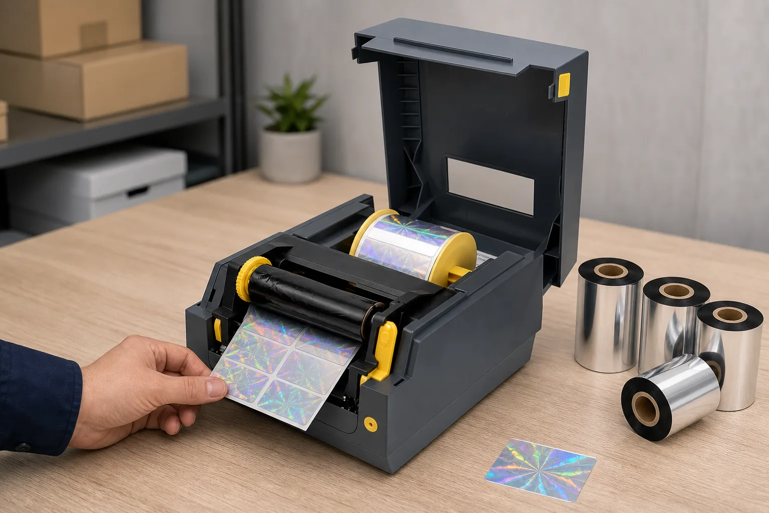 Medium shot of an open JT-series desktop label printer with a black ribbon roll and hologram label roll loaded, a hand positioning label material beside it.