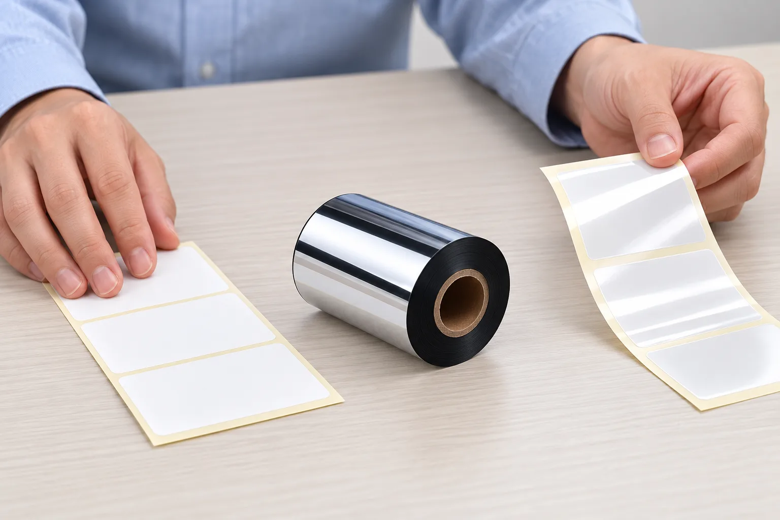 Hands comparing paper and film label samples beside a black thermal transfer ribbon roll.