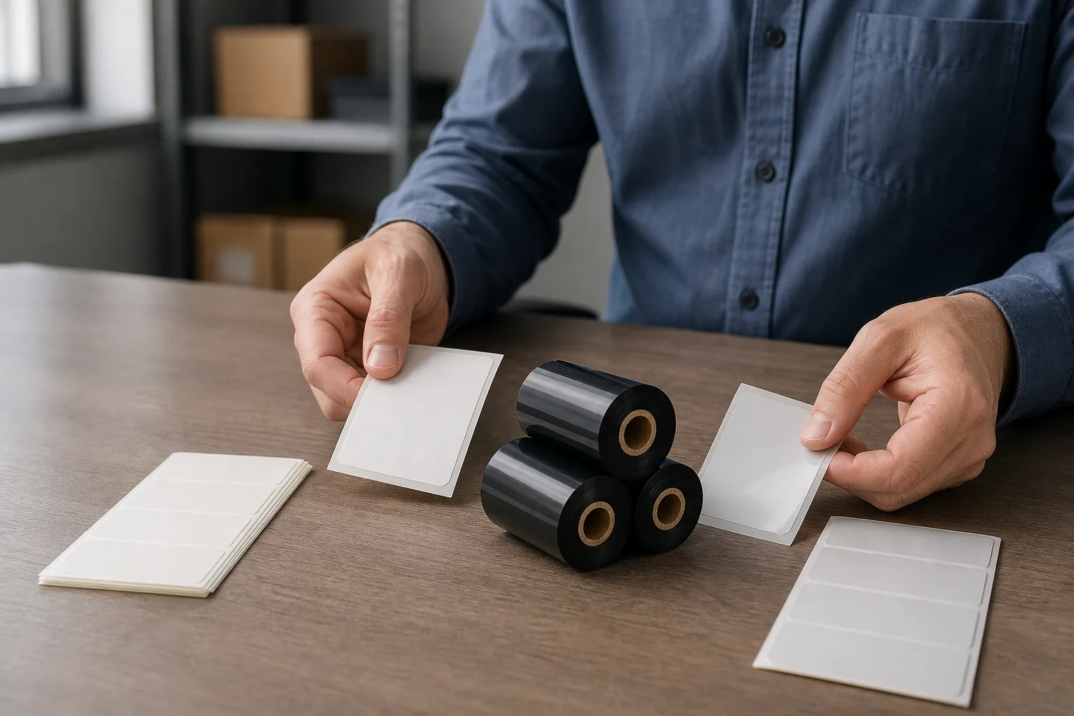 Hands compare paper and synthetic label samples beside a black thermal transfer ribbon roll.