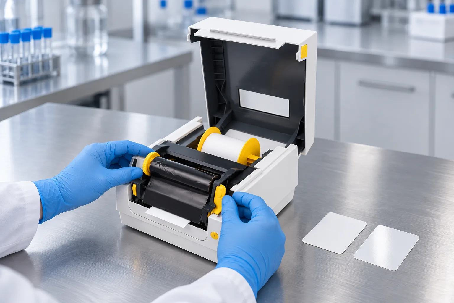 Open top cover of a desktop thermal transfer printer showing the mounted black ribbon roll and label roll while a gloved hand checks the ribbon width.