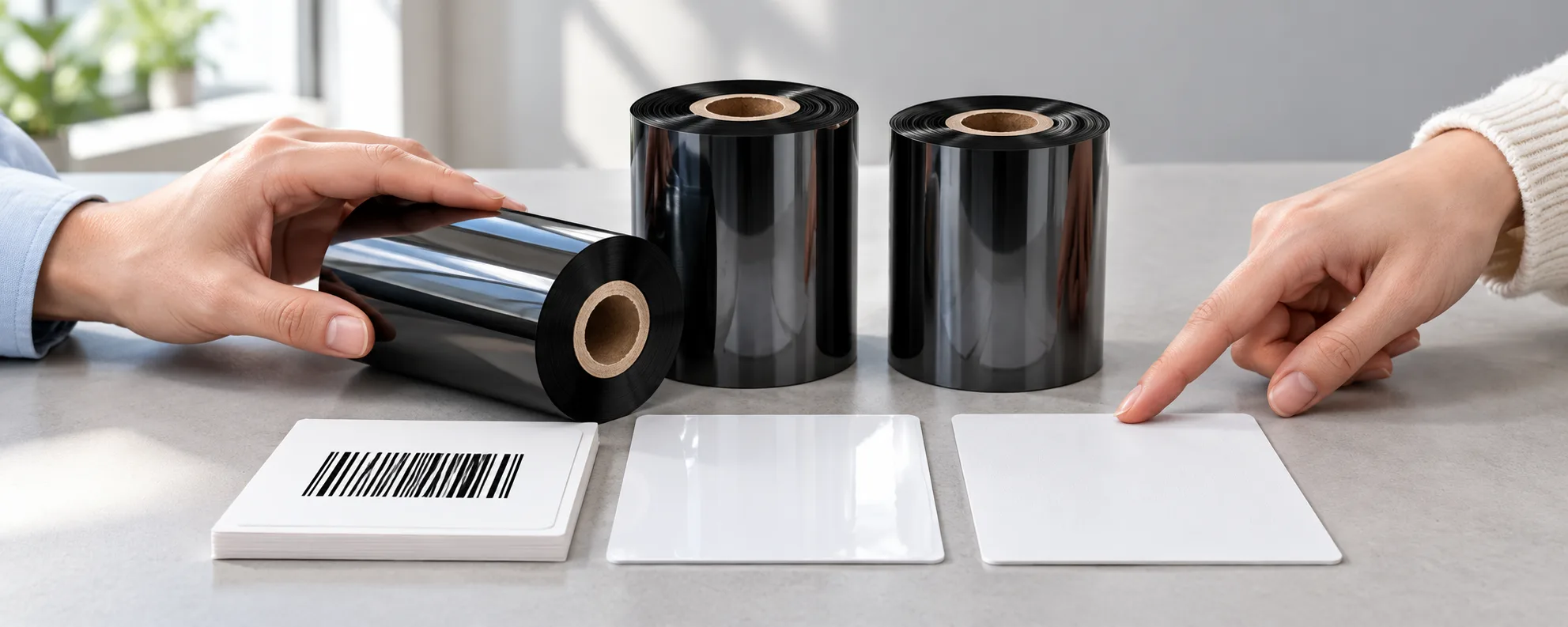 Hands compare black thermal transfer ribbon rolls with paper, glossy, and synthetic label samples on a workbench.