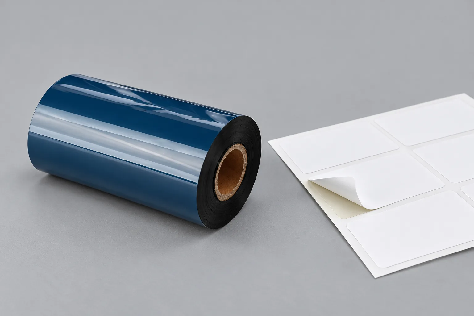 Close-up of a black ribbon roll beside a blank paper label lifted slightly from its backing.