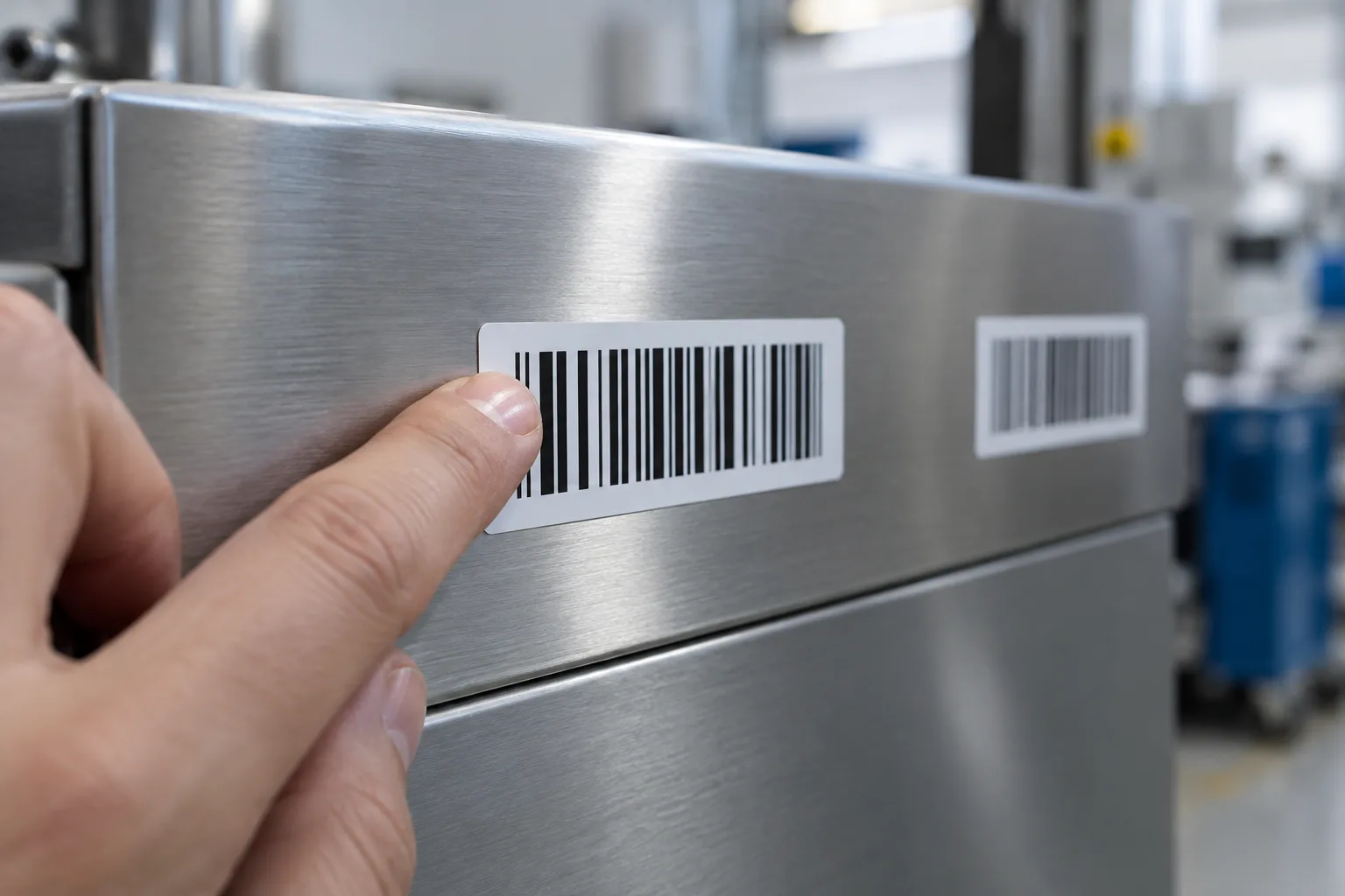 Close-up of fingertips checking the edge of a printed label applied to a stainless-steel machine panel