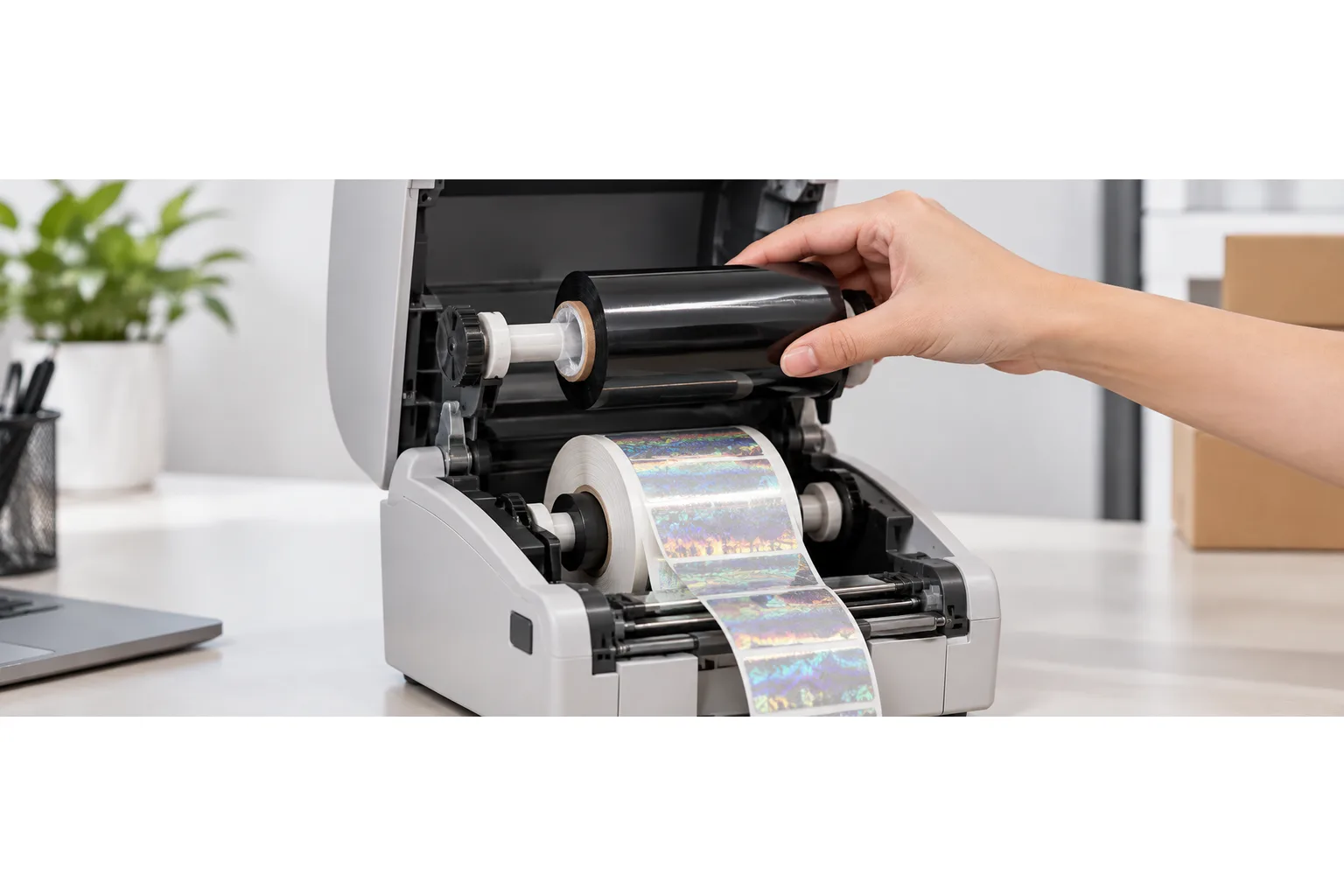 Medium shot of a hand loading a black thermal transfer ribbon roll into an open desktop label printer with hologram label media on the roll holder.