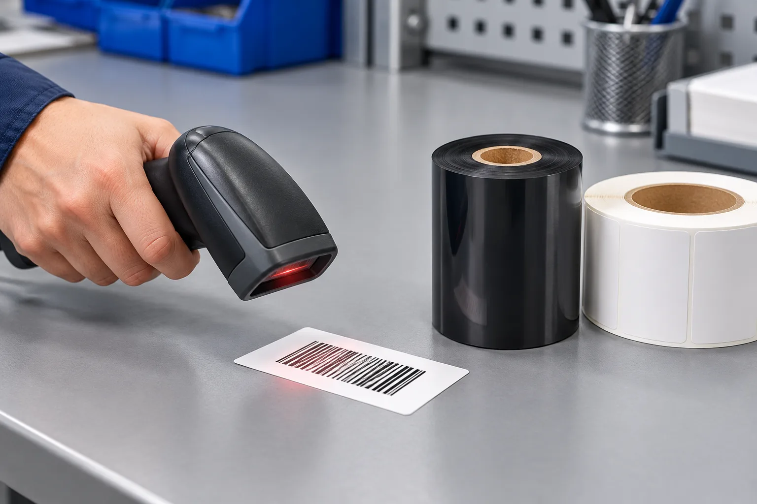 Close-up of a hand scanning a freshly printed barcode label sample next to a black thermal transfer ribbon roll on a workbench.
