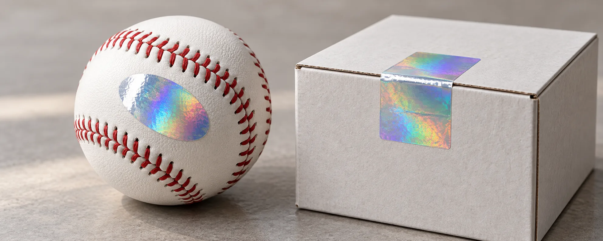 Close-up of an oval holographic label on a baseball and a rectangular holographic seal across a carton lid seam.