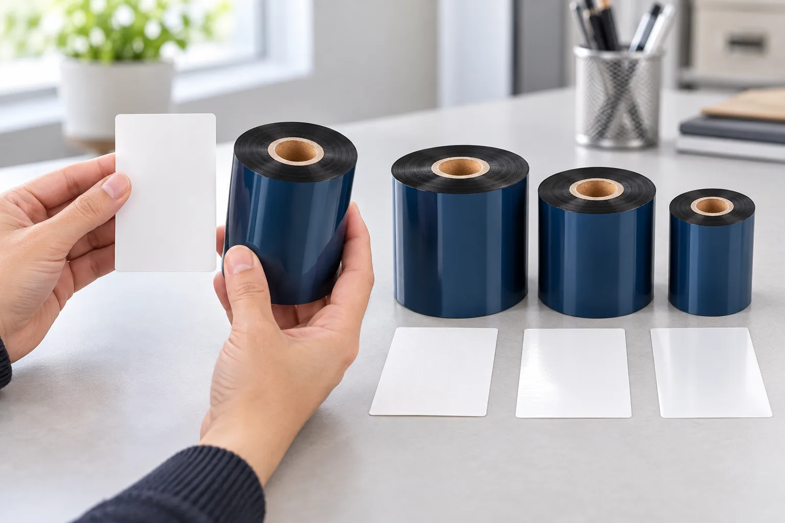 Hands compare a coated paper label sample with a loose black thermal transfer ribbon roll while more ribbon rolls and label swatches line a workbench
