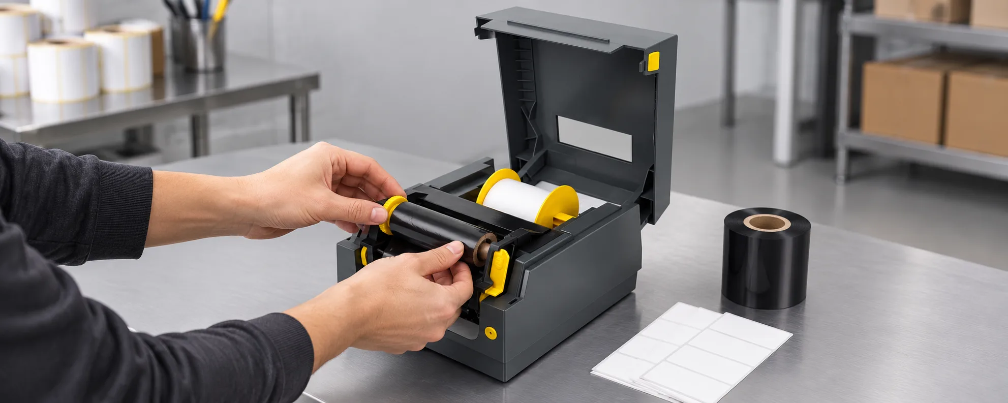 Open-cover desktop thermal transfer printer with hands seating a ribbon roll beside the label stock roll