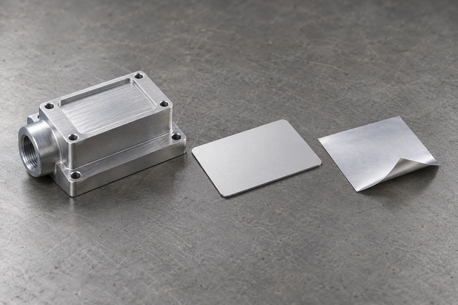 Close-up of a machined aluminum component beside a blank coated nameplate and a thin foil tag sample.