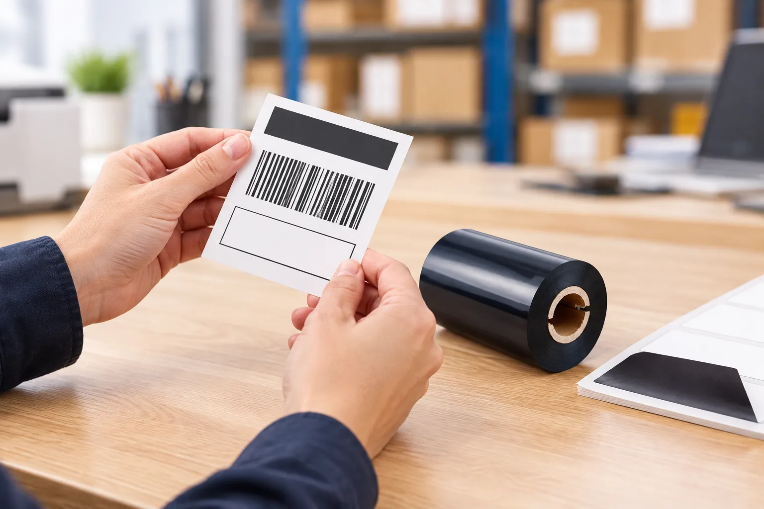 Close-up of hands checking a printed shipping label sample beside a loose black thermal transfer ribbon roll on a workbench.