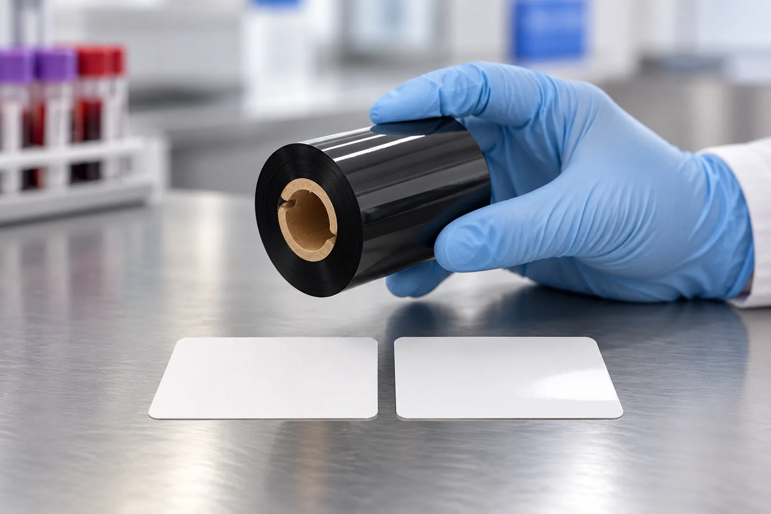 Close-up of a black thermal transfer ribbon roll held beside blank coated-paper and synthetic label samples