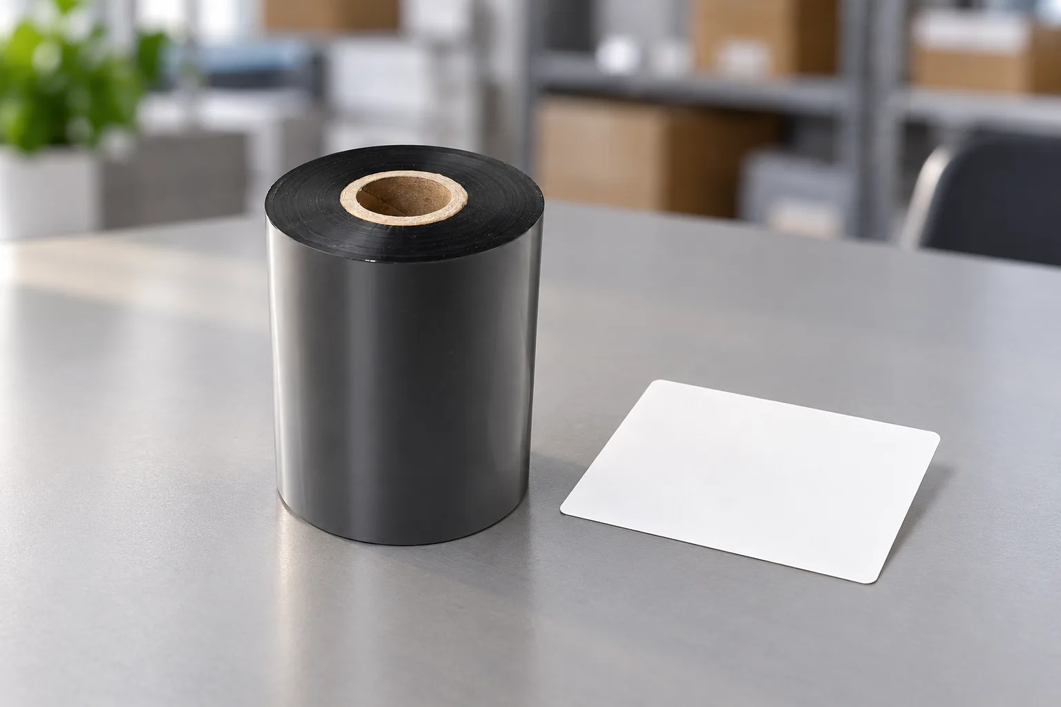 Close-up of a black ribbon roll with its core and wound edge visible beside a separate blank label sample.
