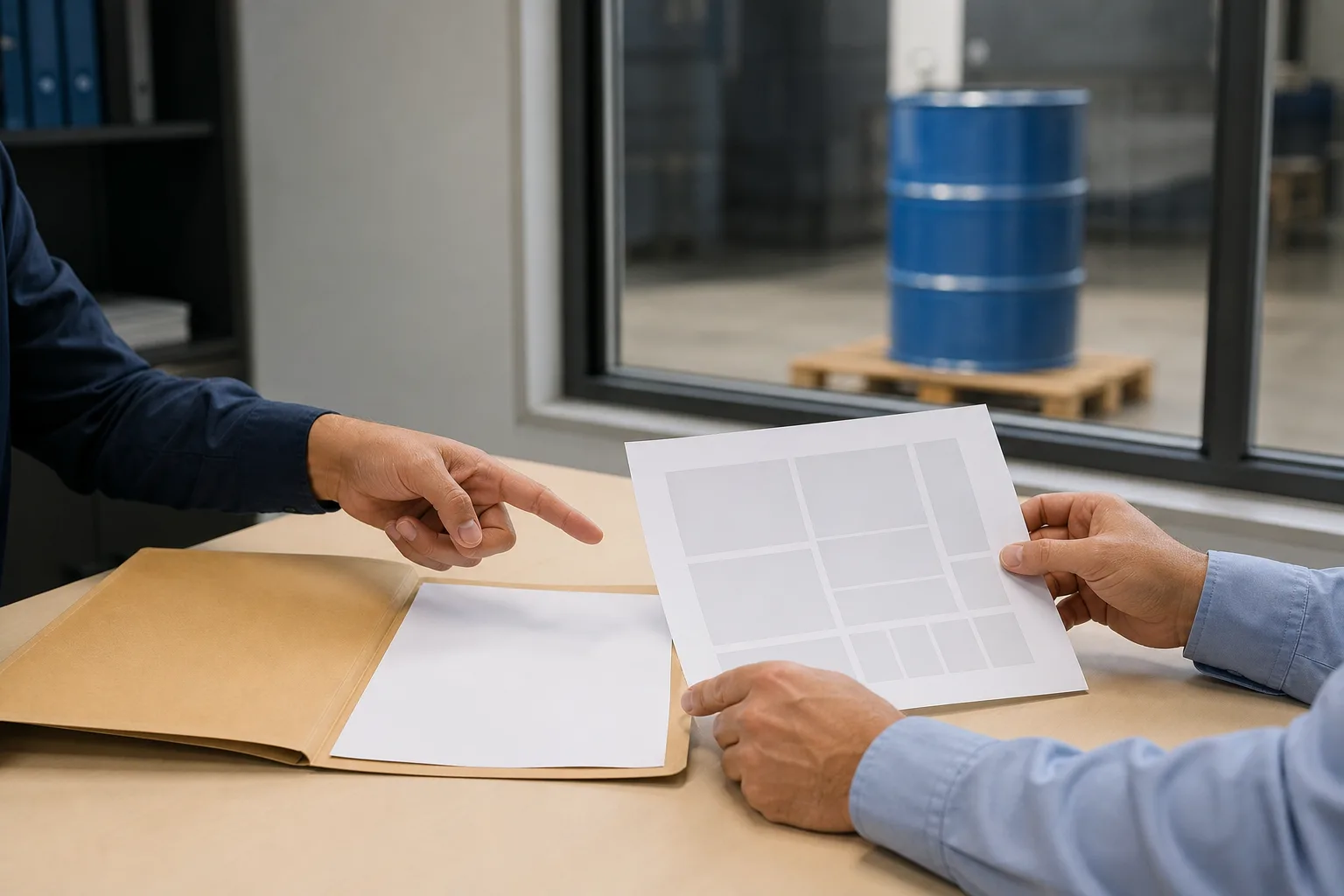 Hands comparing a cargo assessment folder with label briefing papers in a shipping office.