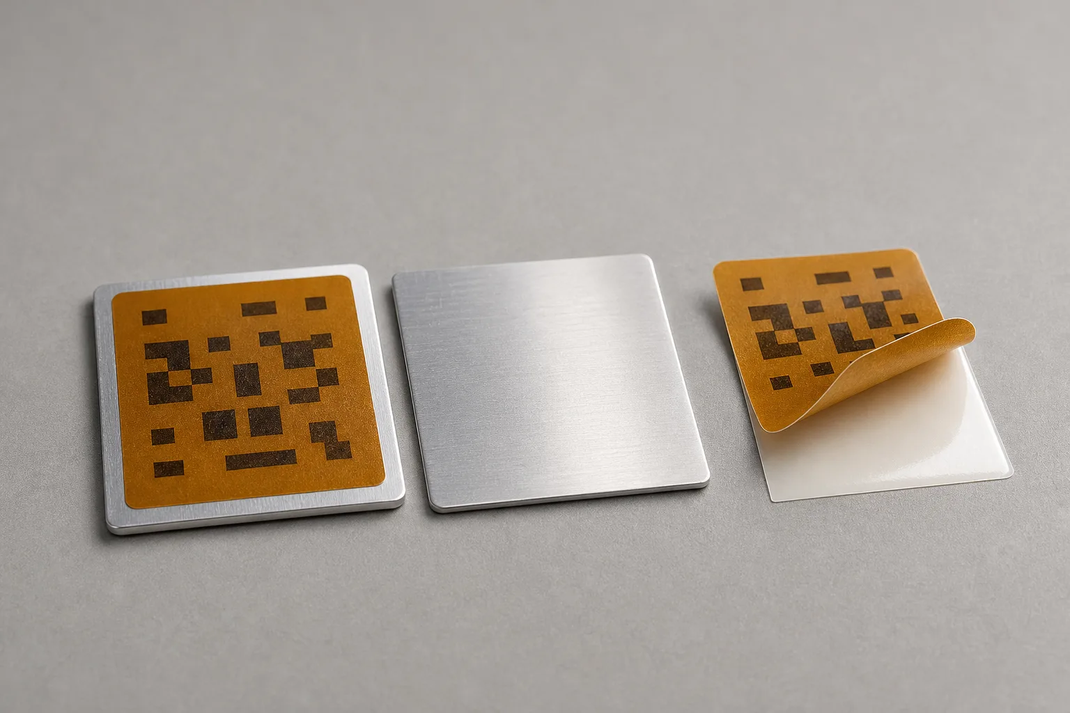 Close-up of a labelled aluminium coupon beside bare aluminium and a spare label partly lifted from its liner.