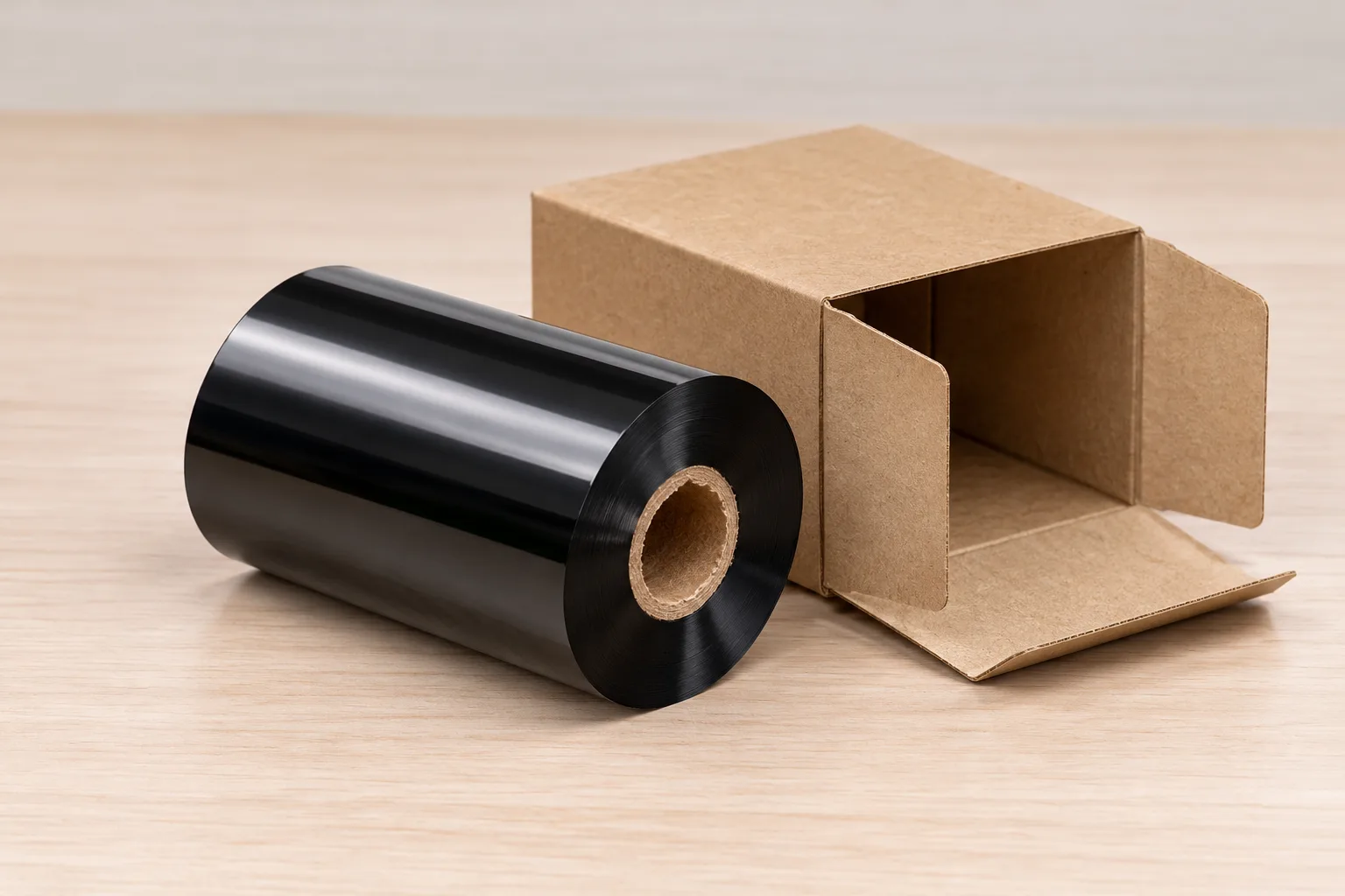 Close-up of a black ribbon roll with its core visible beside an open, unmarked cardboard carton.
