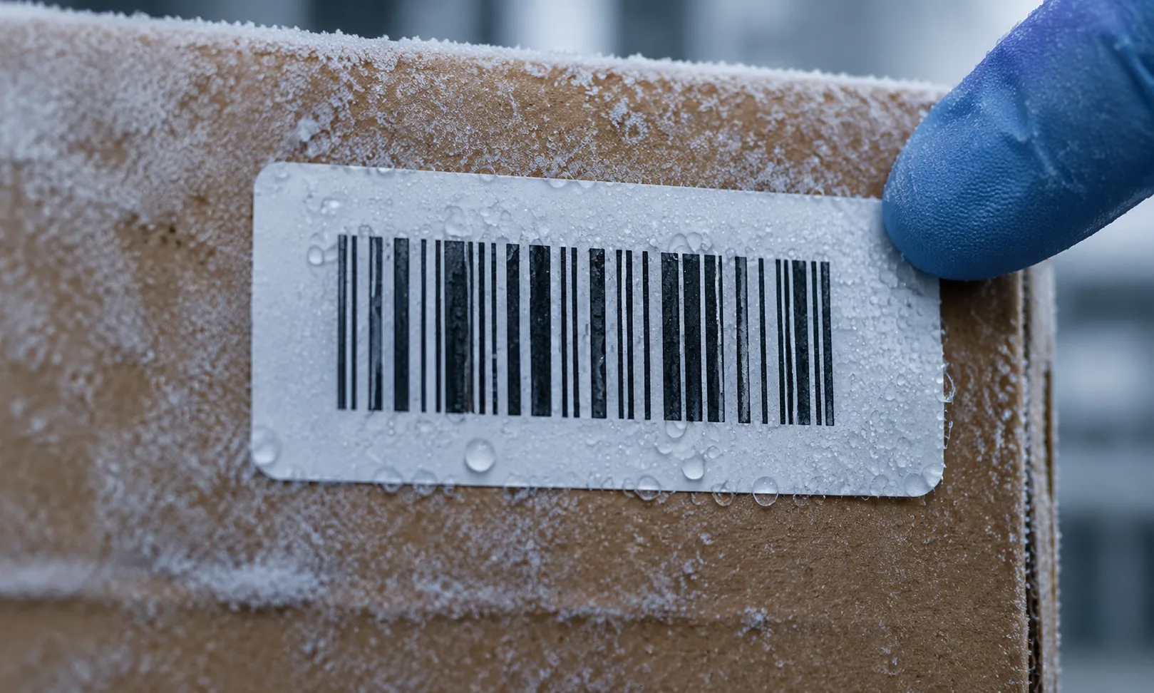 A gloved fingertip checks the corner of a barcode label on a frosty carton covered with condensation droplets.